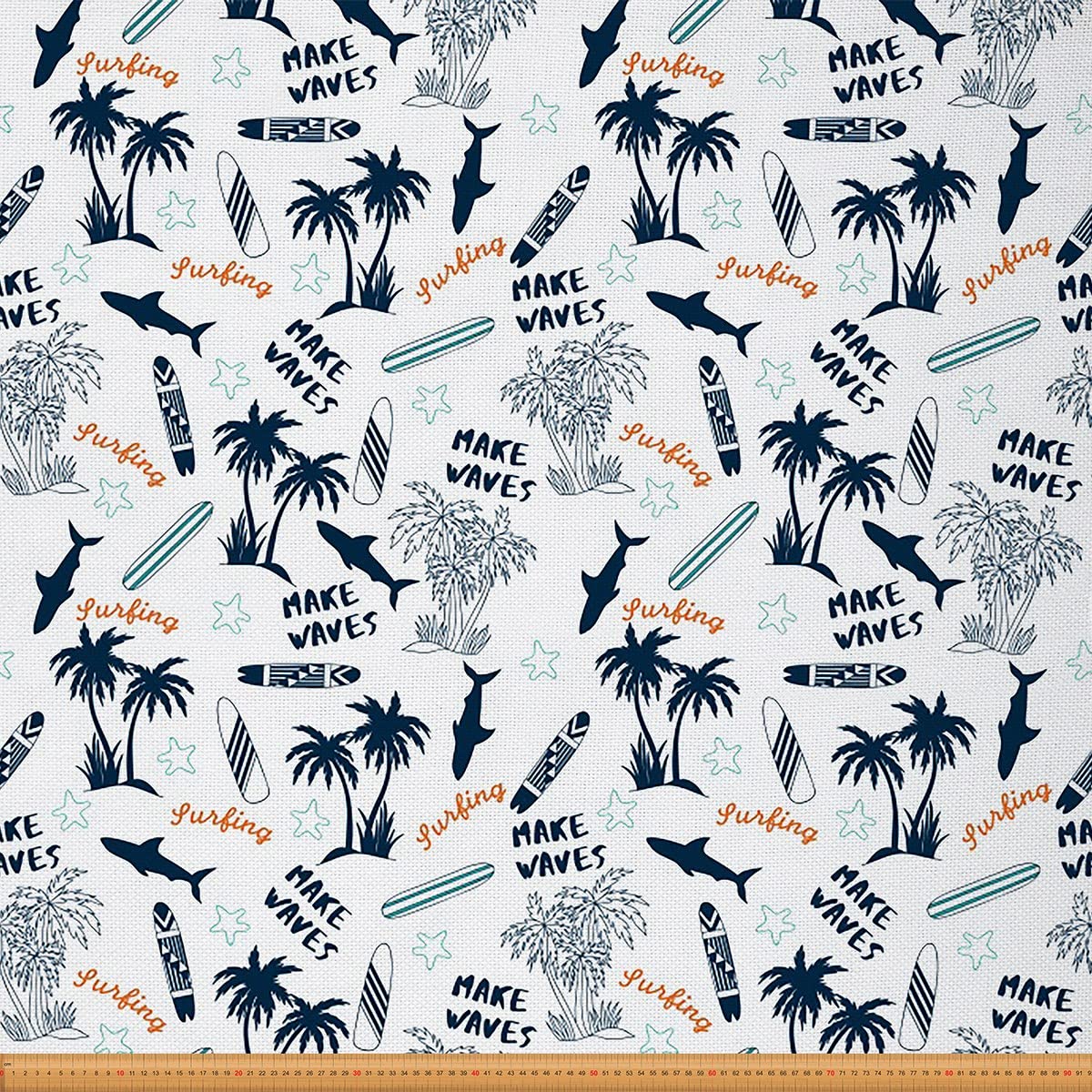Feelyou Ocean Beach Fabric by The Yard - Tropical Palm Tree Shark Upholstery Fabric for Chairs & Home Decor | Sea Wave Surfing Decorative Fabric for DIY Projects, Upholstery, Pillows & Curtains | 2 Yards, Blue White | Perfect for Coastal-Themed Living Rooms, Beach Houses & Nursery Decor