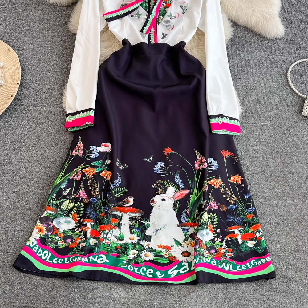 Elegant Long Sleeve Bow Tie Ruffled Rabbit Print A-Line Dress 1705 - Perfect for Easter, Spring Parties & Special Occasions