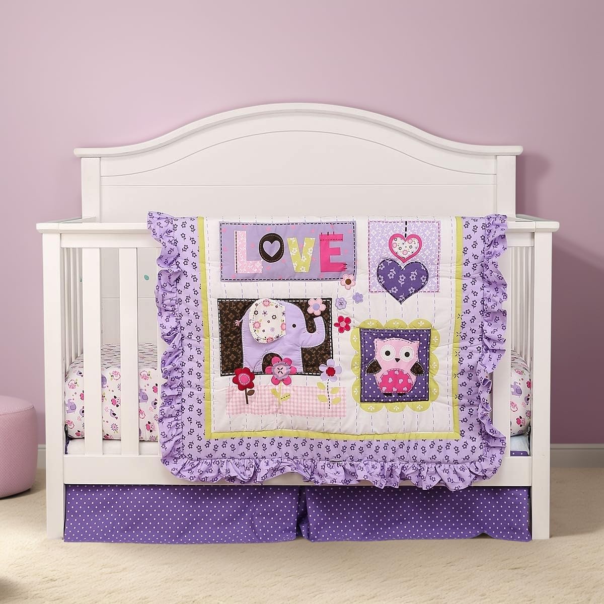 Brandream 3-Piece Purple Cotton Crib Bedding Set for Baby Girls - Floral Patchwork with Elephant & Owl Design, Ruffled Trim, Breathable & Healthy Nursery Bedding | Perfect for Princess-Themed Rooms, Baby Showers & Newborn Gifts