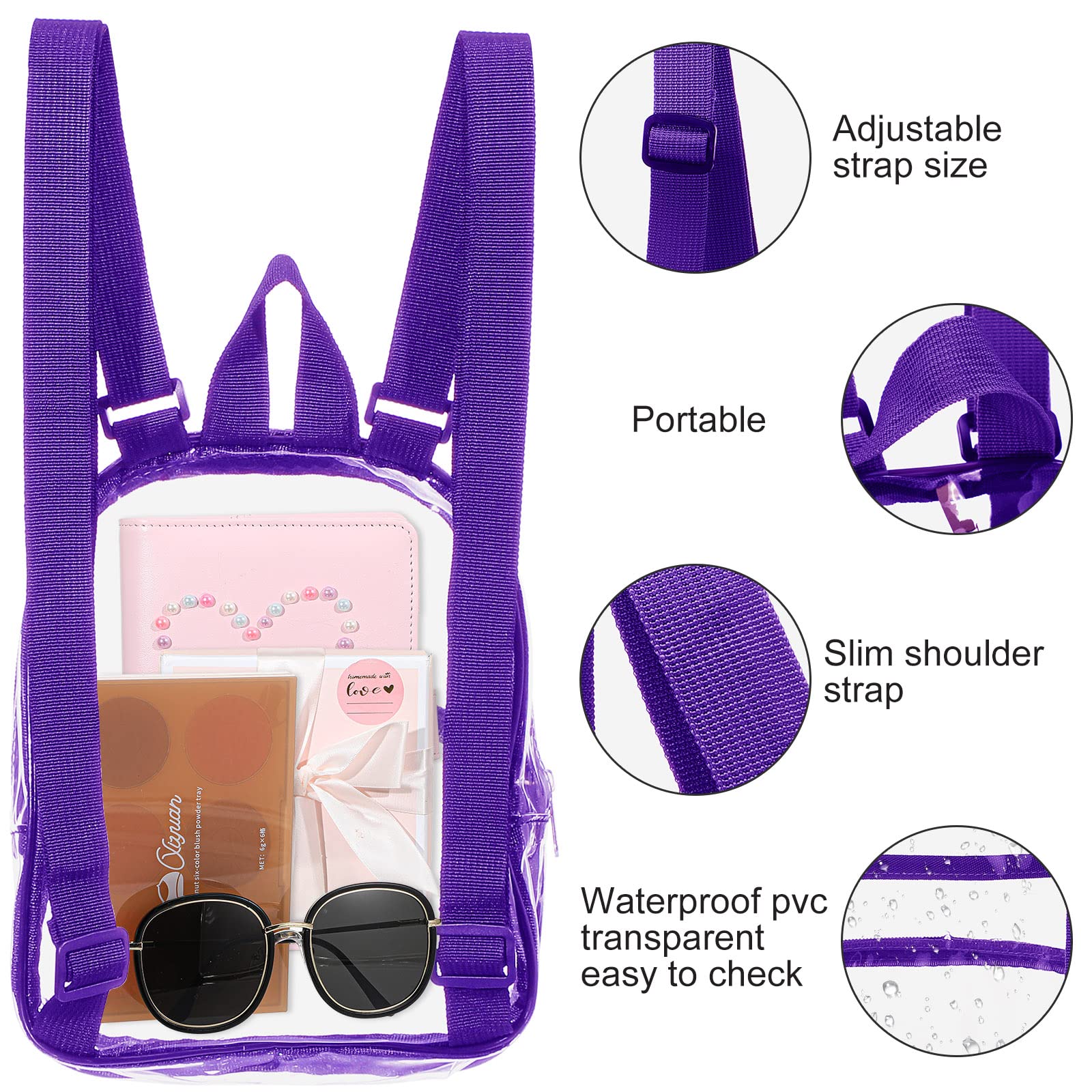 Clear Mini Backpack - Transparent Small See-Through Crossbody Bag for Concerts & Stadiums | Waterproof Plastic Handbag for Women & Teens | Perfect for Music Festivals, Theme Parks & Travel (Purple)