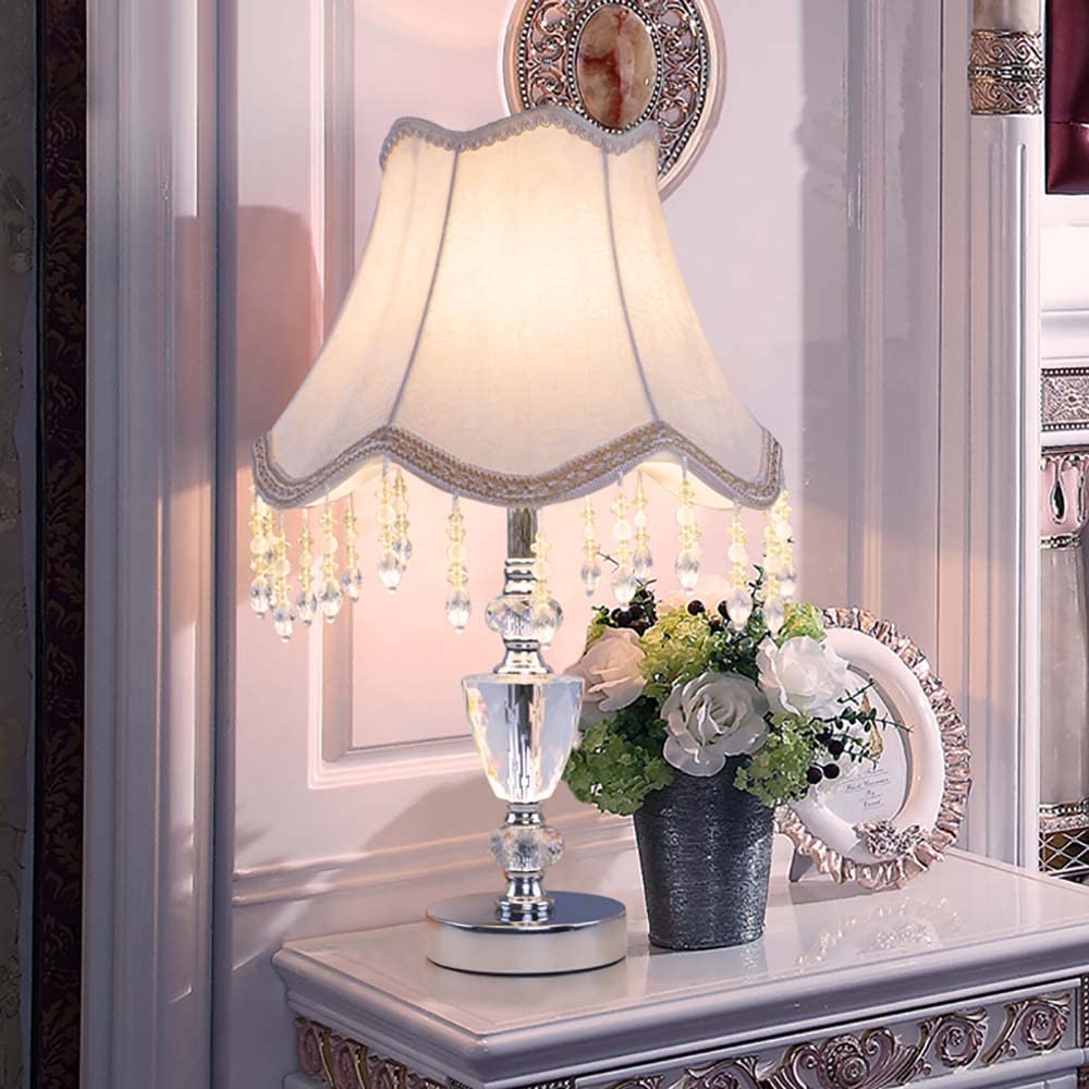 Modern Crystal Bedside Desk Lamp with E27 Socket - 1-Light Fabric Table Lamp for Kids Room, Reading, Nightstand & Vanity Decor - 17.73