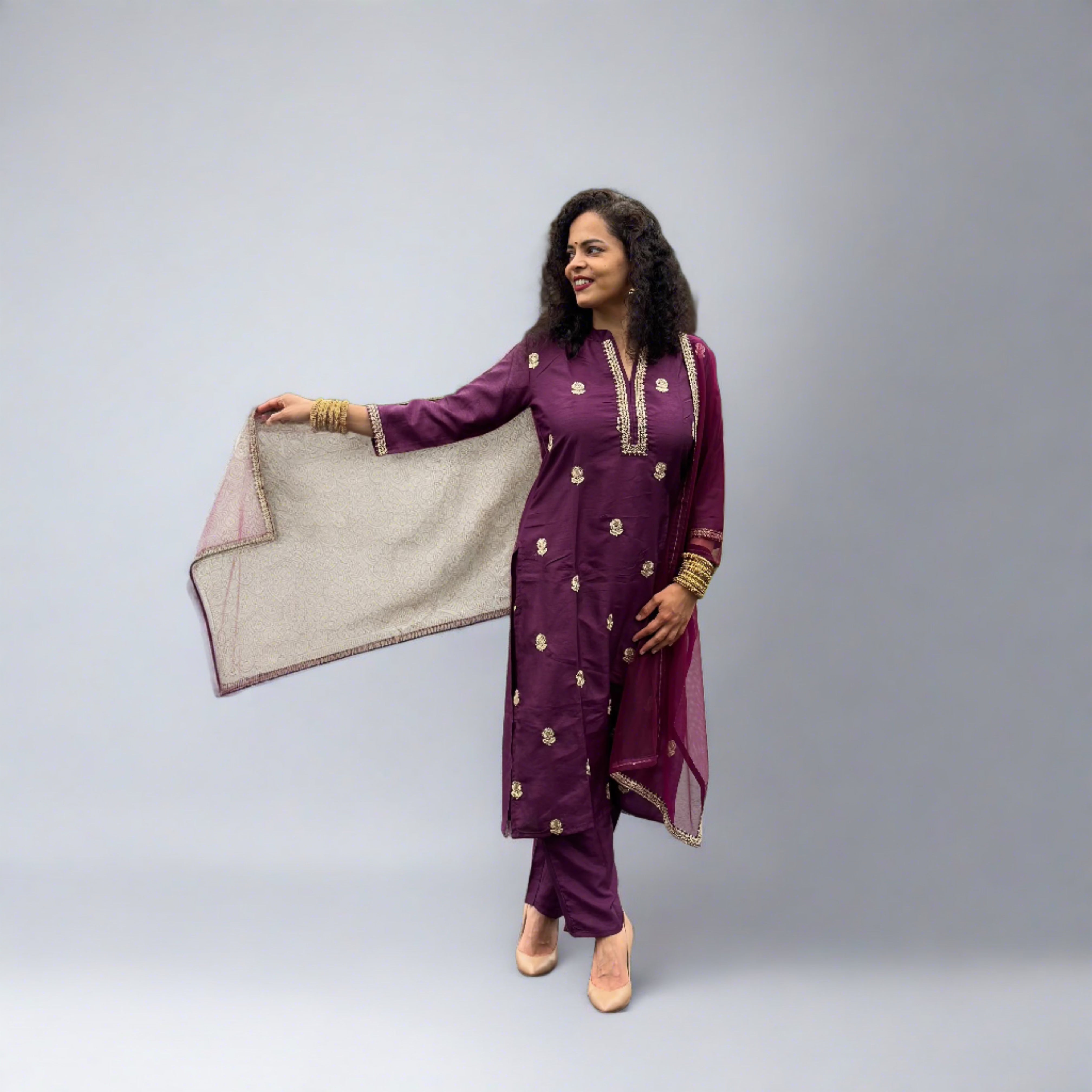 Elegant Purple Floral Embroidered Indian Silk Kurta Set for Women | Traditional Ethnic Wear for Festivals, Weddings & Special Occasions