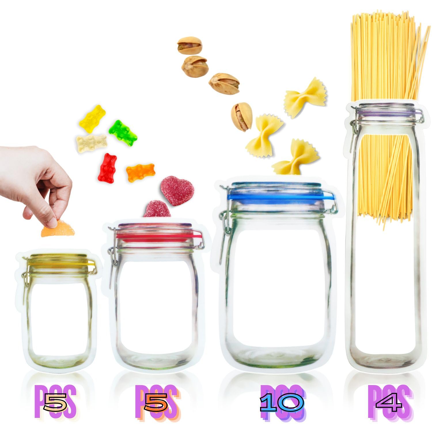 24-Pack Reusable Mason Jar Bags for Snacks - Leakproof & Fresh Food Storage Solution - Ideal for Nuts, Candy, Trail Mix & Meal Prep - Perfect for Home, Office & Travel Use