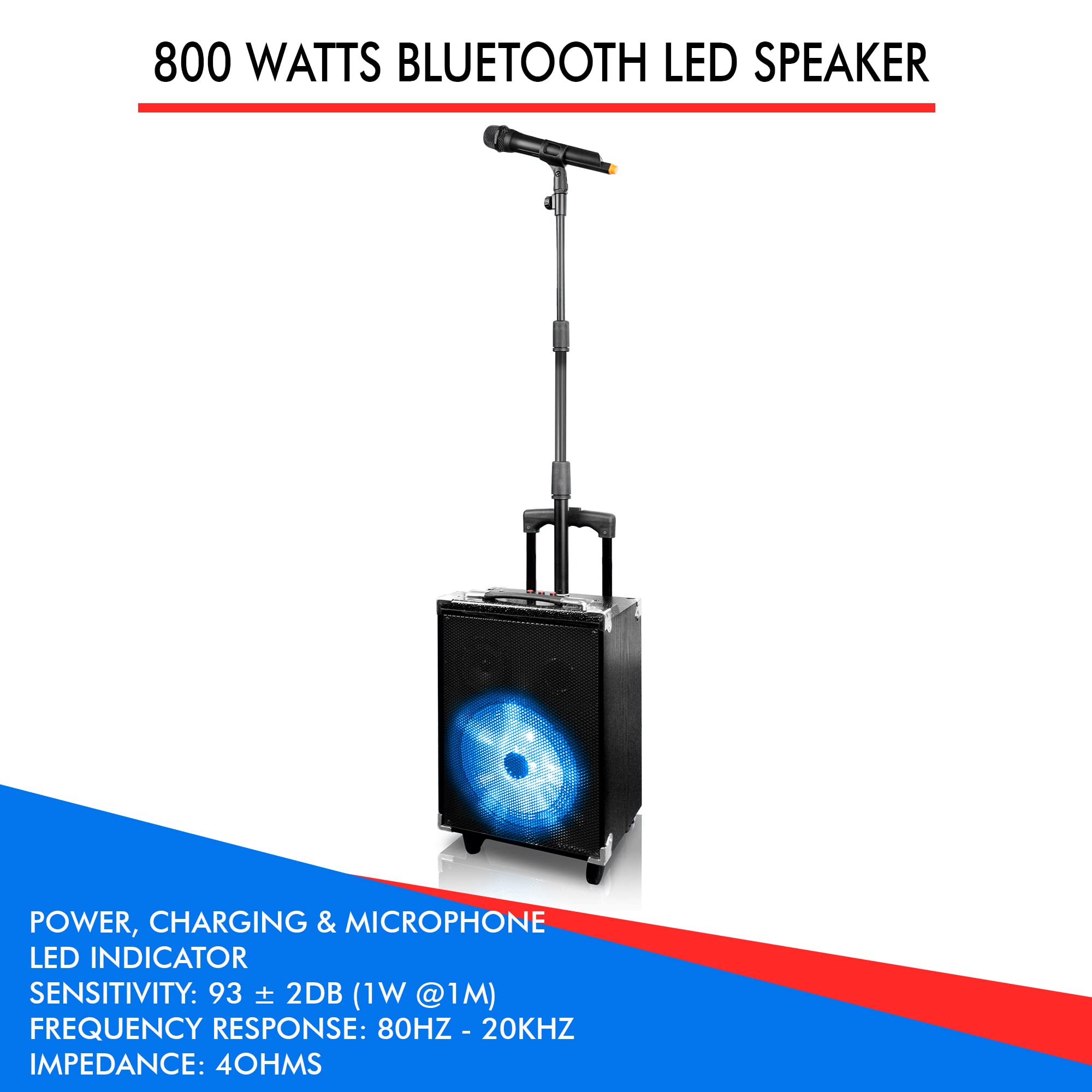 Technical Pro 800W Rechargeable Bluetooth Speaker with Wireless Mic, Retractable Stand, LED Woofer, FM Radio, USB/SD/AUX Inputs - Perfect for Karaoke, Parties, Outdoor Events & Home Entertainment