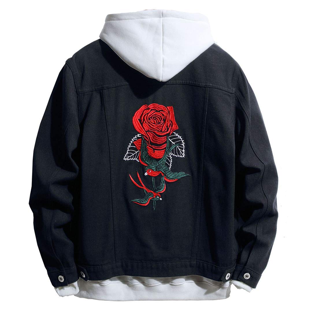Trendy Men's Black Denim Jacket with Rose & Bird Embroidery - Stylish Casual Outerwear for Spring, Fall, and Date Nights