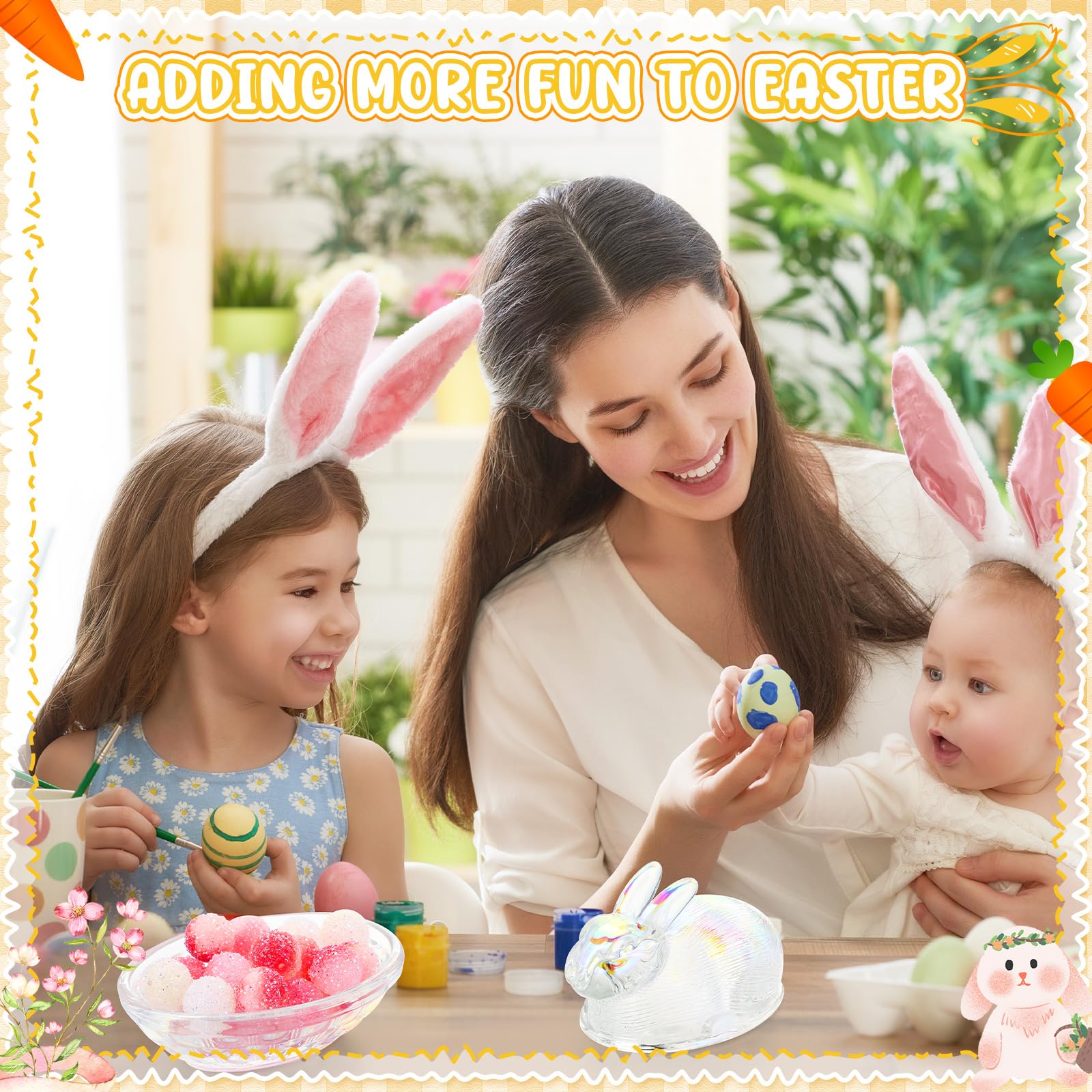 Domensi 2-Piece Easter Glass Candy Dish Set with Lid - Bunny Jar Candy Bowl for Holiday, Office, Home & Kitchen - Perfect for Easter Decor, Party Serving & Gift Giving (Iridescent)