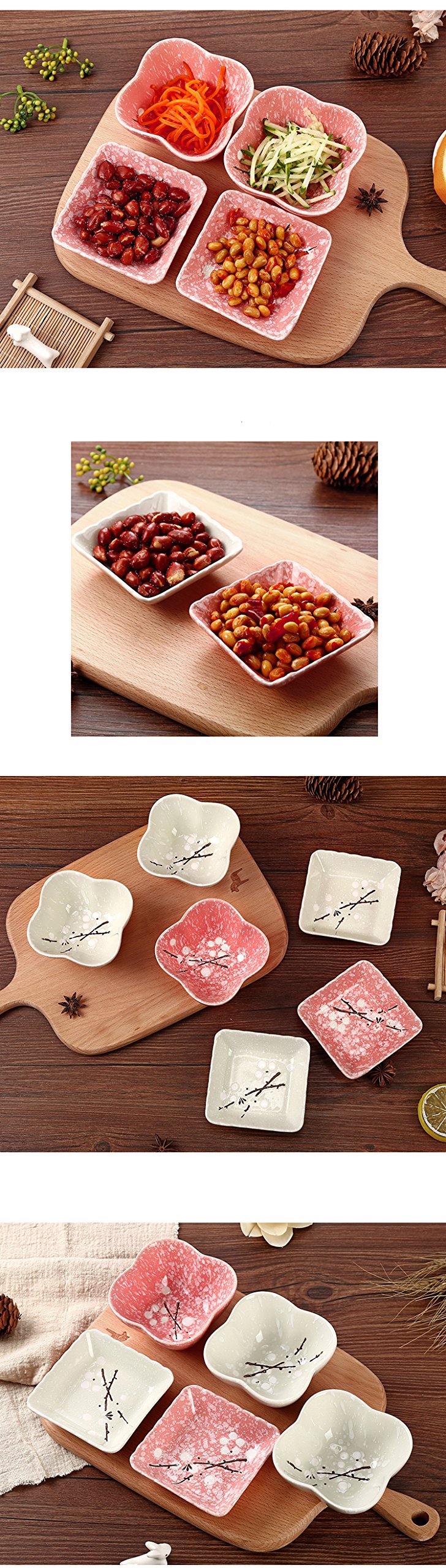 Colias Wing Cuddly Plum Blossom Porcelain Side Dish Bowls - 4-Piece Square & Flower Pattern Set (Pink & White) - Perfect for Soy Sauce, Seasonings, Sushi Dipping, and Asian Dining Tableware