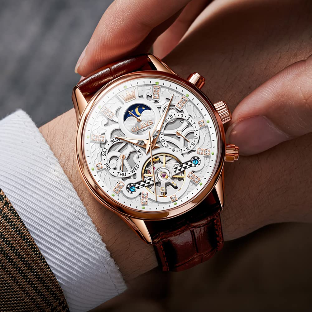 OLEVS Men's Automatic Skeleton Watch - Mechanical Dress & Casual Wristwatch with Moon Phase, Luminous Hands, Waterproof, Brown/Black Leather Strap - Perfect for Business, Formal Events & Everyday Wear