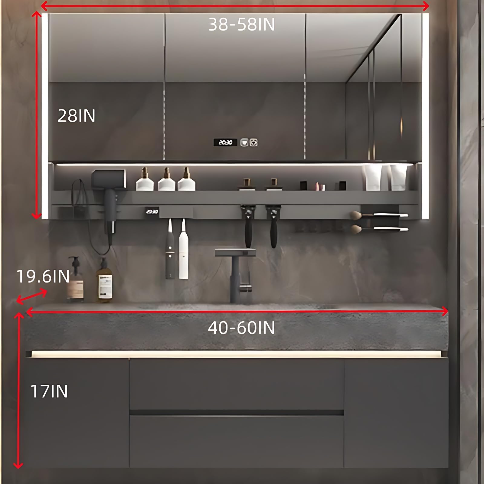 Modern LED Bathroom Vanity Set with Smart Mirror & Sink - 40IN Grey Storage Cabinet for Home Bathroom