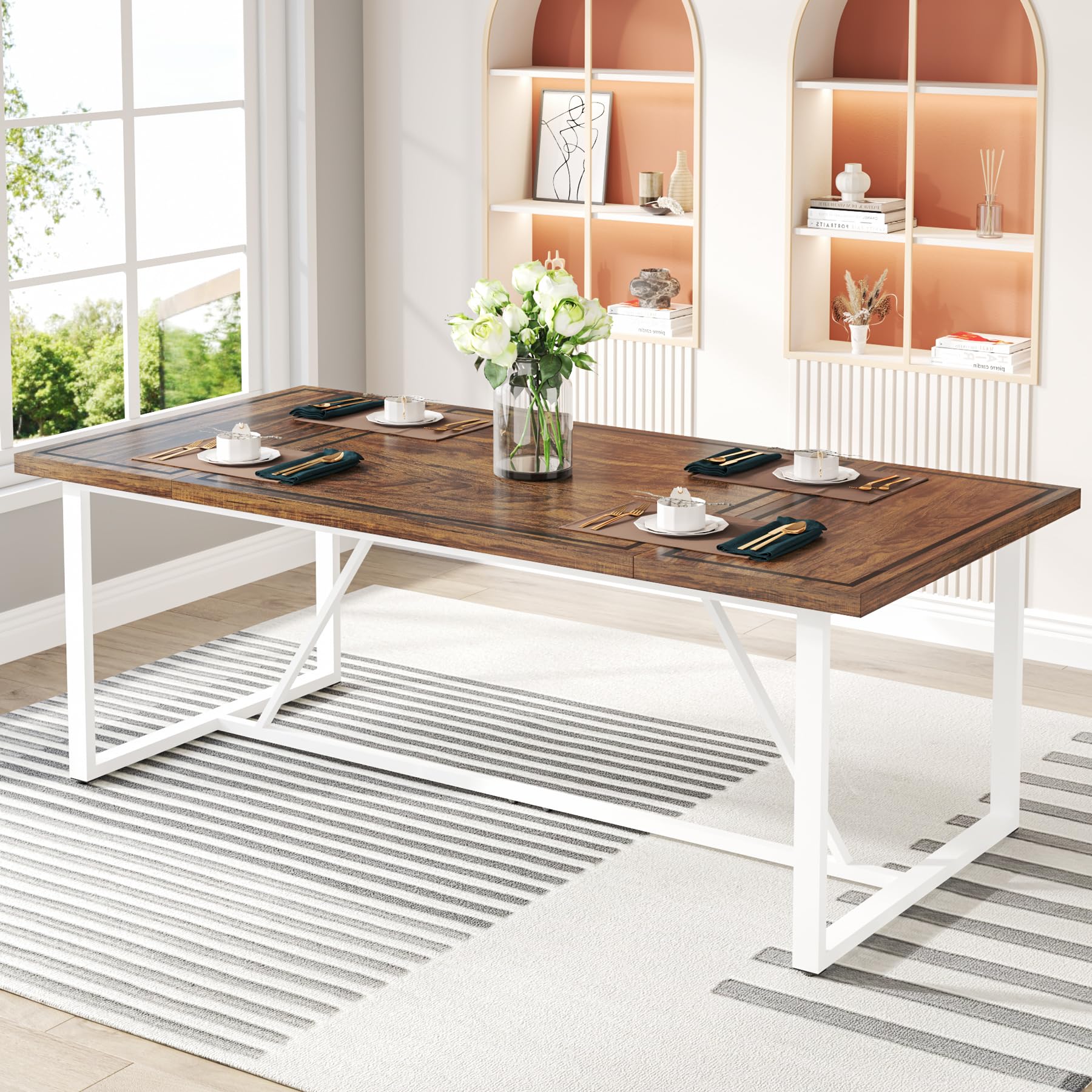 Tribesigns 70.9 Inch Modern Dining Table for 6-8 People, Rectangular Kitchen Table with White Metal Base - Perfect for Dining Room, Kitchen & Living Room | Brown Wooden Top | Ideal for Family Gatherings & Dinner Parties