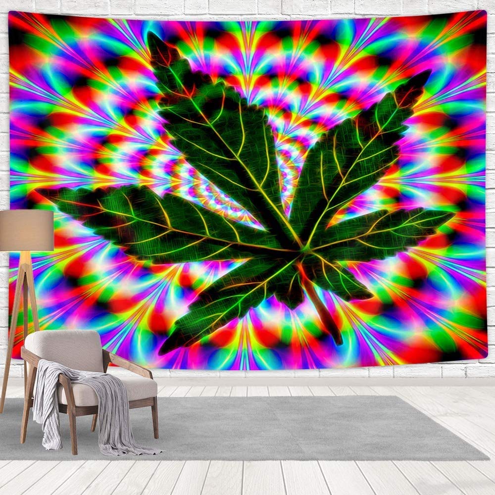 Trippy Psychedelic Weed Leaf Tapestry Wall Hanging - 71x60 Inches, Hippie Boho Decor for Bedroom, Living Room, Dorm, Festival & Meditation Space