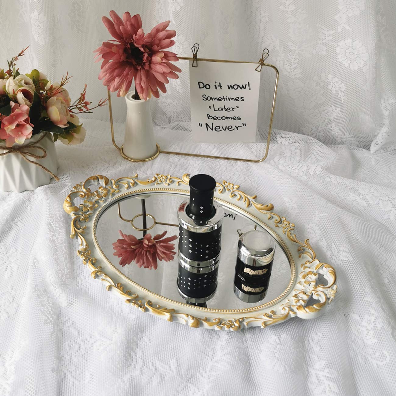 Ham Oval Floral Wall Mirror Tray - Elegant Dresser Organizer & Decorative Perfume Tray - White Serving Tray 9.5’’ X 14.5’’ - Perfect for Vanity Decor, Jewelry Display & Coffee Table Centerpiece