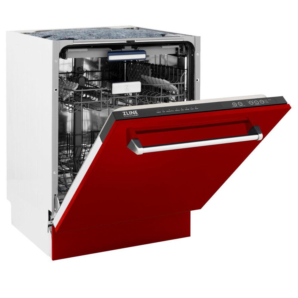 ZLINE 24 Inch Tallac Series 3rd Rack Dishwasher with Red Gloss Panel & Traditional Handle - 51dBa Ultra Quiet (DWV RG 24) | Perfect for Modern Kitchens, Small Spaces & Energy-Efficient Homes