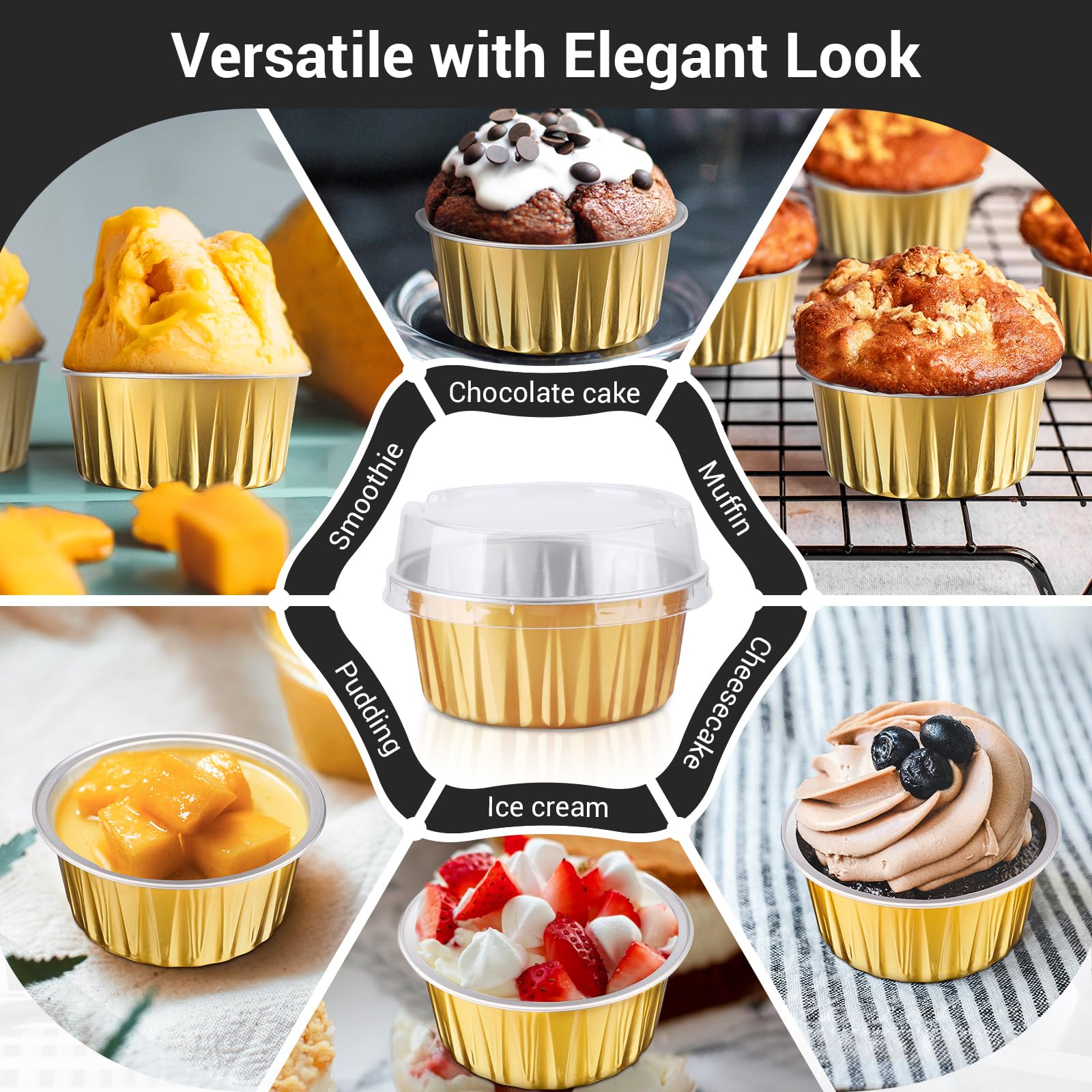 EUSOAR 50-Pack 5oz Disposable Gold Aluminum Foil Baking Cups with Lids - Mini Ramekins for Creme Brulee, Cupcakes, Cheesecake & Flan - Perfect for Party Favors, Birthday Desserts & Baking Needs