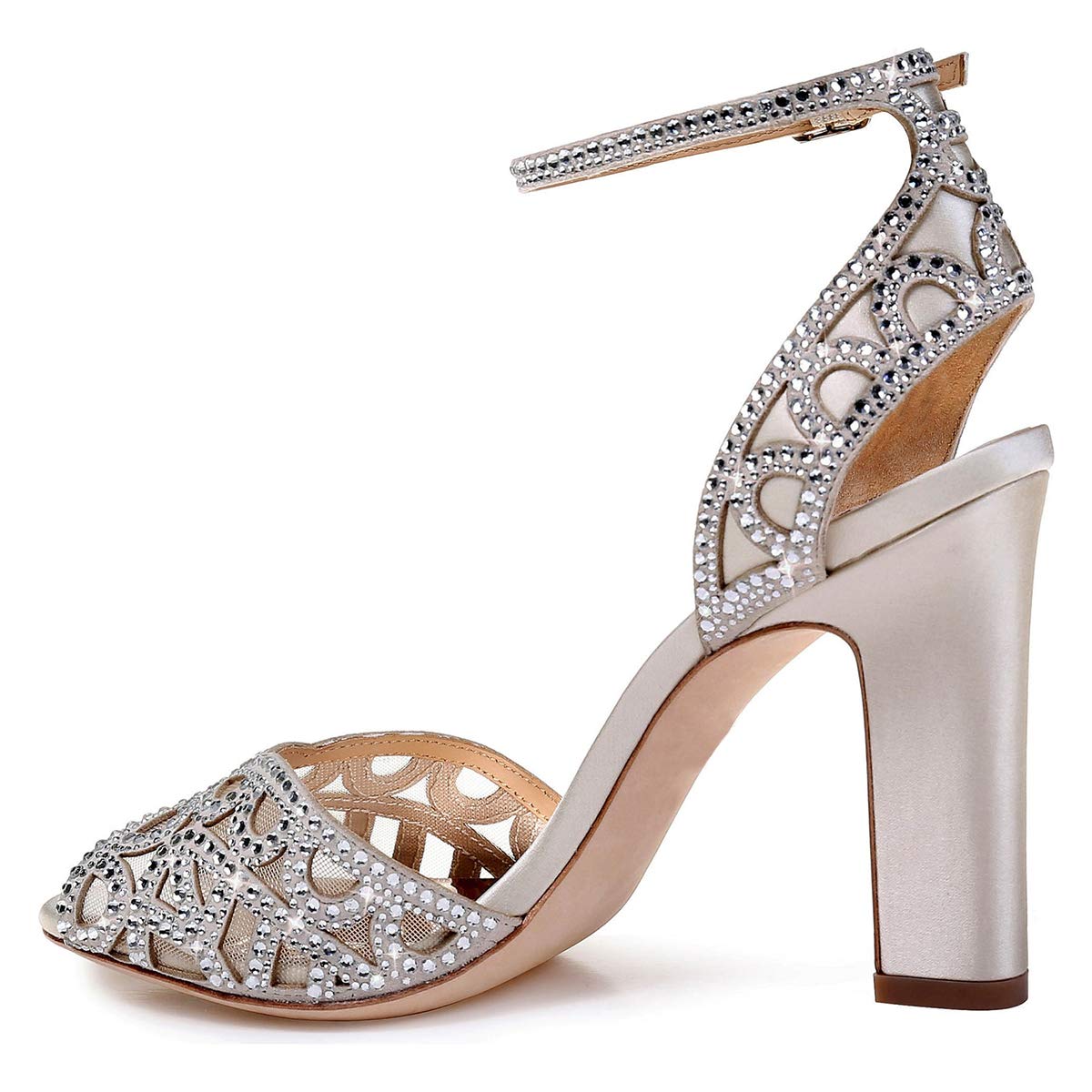 XYD Women's Rhinestone Peep Toe Sandals - Chunky High Heel Ankle Strap Slingback Mesh Dress Shoes for Wedding, Party & Dancing | Comfortable Evening & Prom Footwear