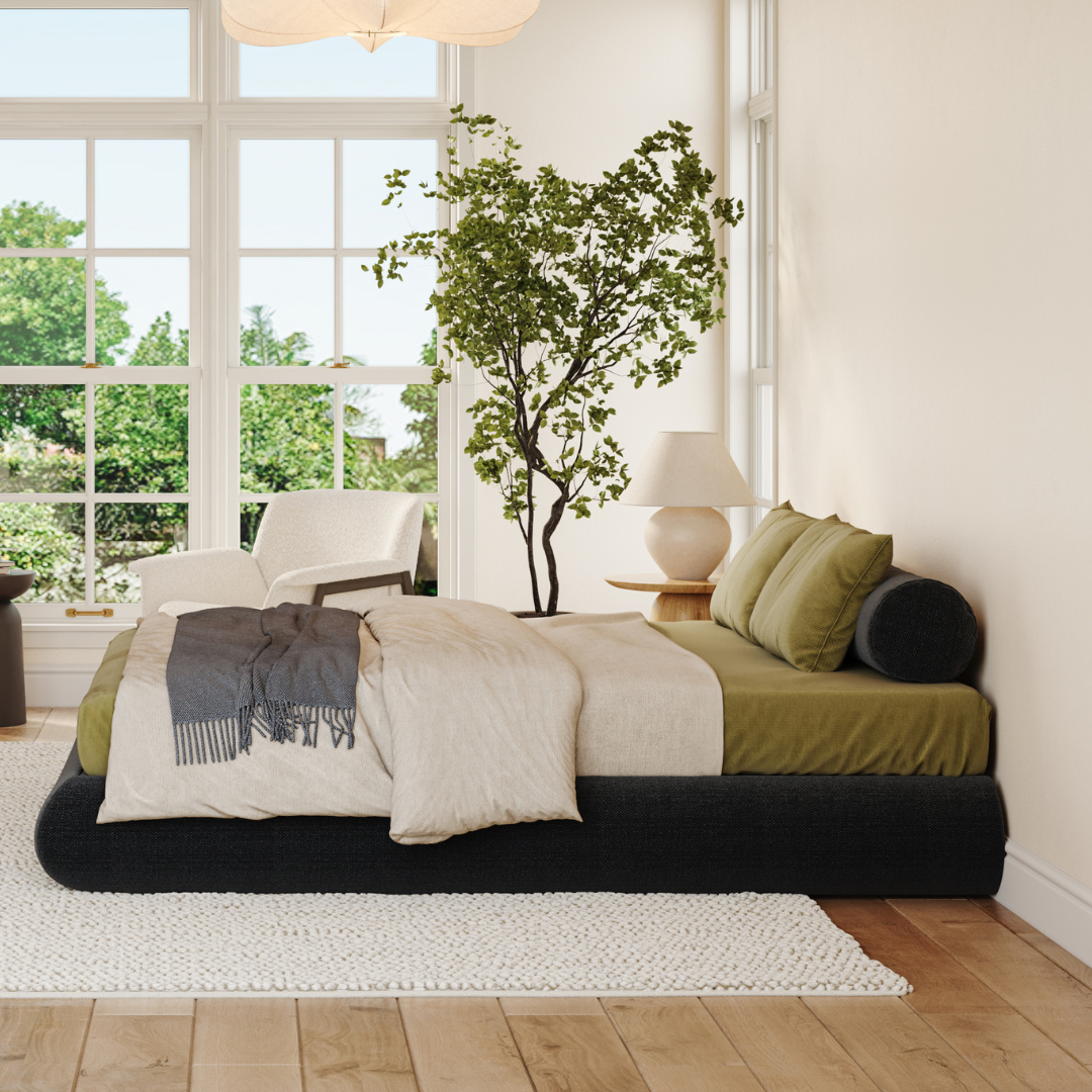 Luna Bed Frame - Queen Size Black Onyx Platform Bed with Wooden Slats & Noise-Free Support | Modern Bedroom Furniture for Home & Apartment