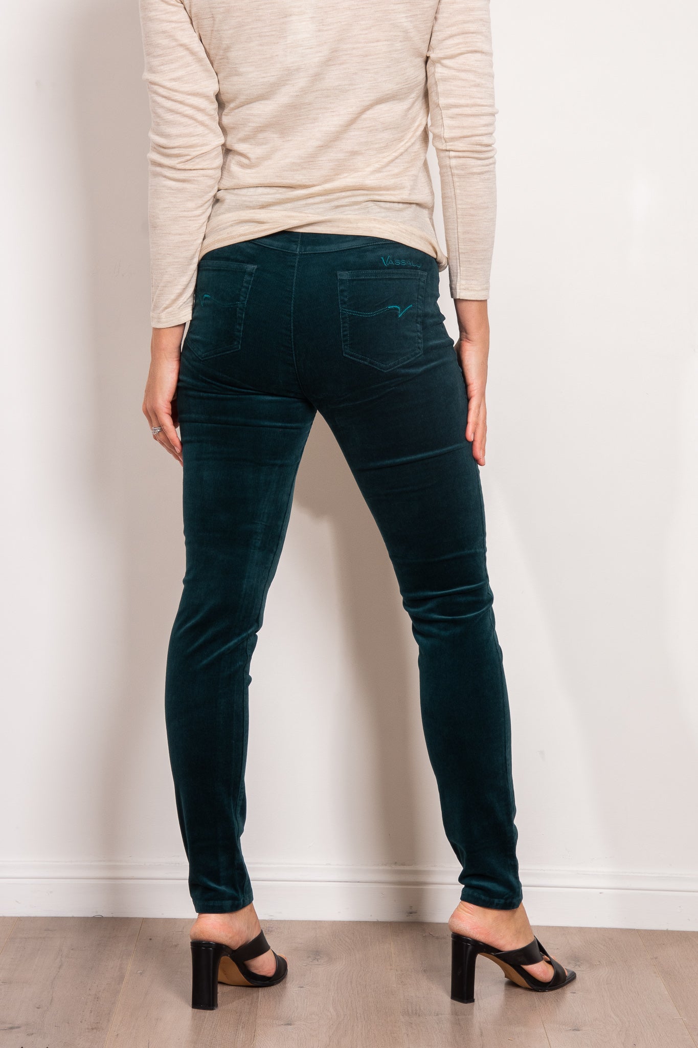 Vassalli Women's Fine Skinny Corduroy Pull On Pants - Stretch Comfort Fit High Waisted Trousers for Work, Office & Casual Wear
