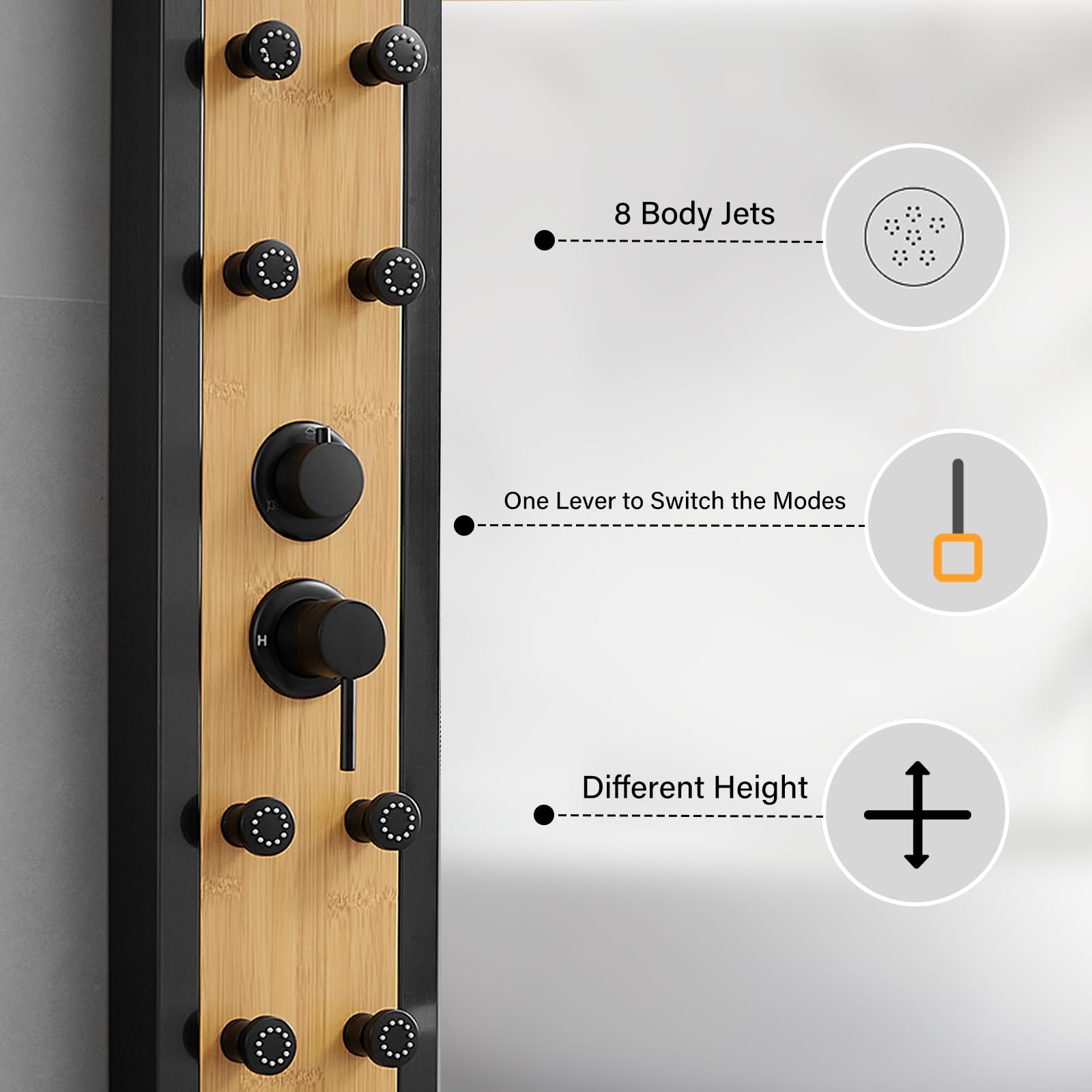 Premium Black Shower Tower with Natural Wood Accents - 304 Stainless Steel Shower Panel System Featuring 8-inch Rainfall Showerhead & 4 Massage Body Jets - Perfect for Home, Hotel, and Luxury Bathroom Renovations - Creates Spa-like Experience for Relaxation and Refreshment
