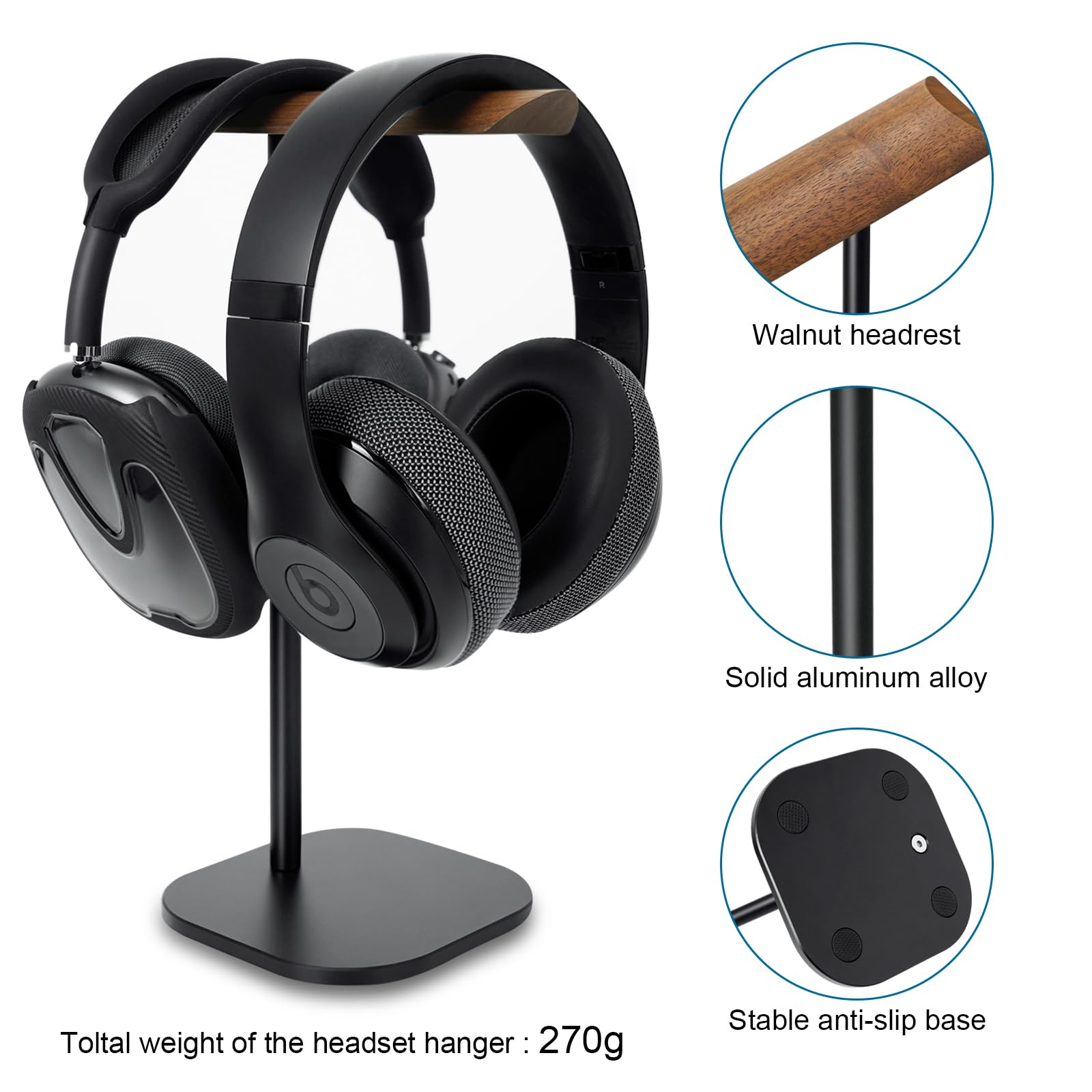 Premium Walnut Wood Headphone Stand with Aluminum Alloy Rod - Dual Headset Holder for Desk, Supports Suspension Hanging - Perfect for Gaming, Office & Home Studio Setup
