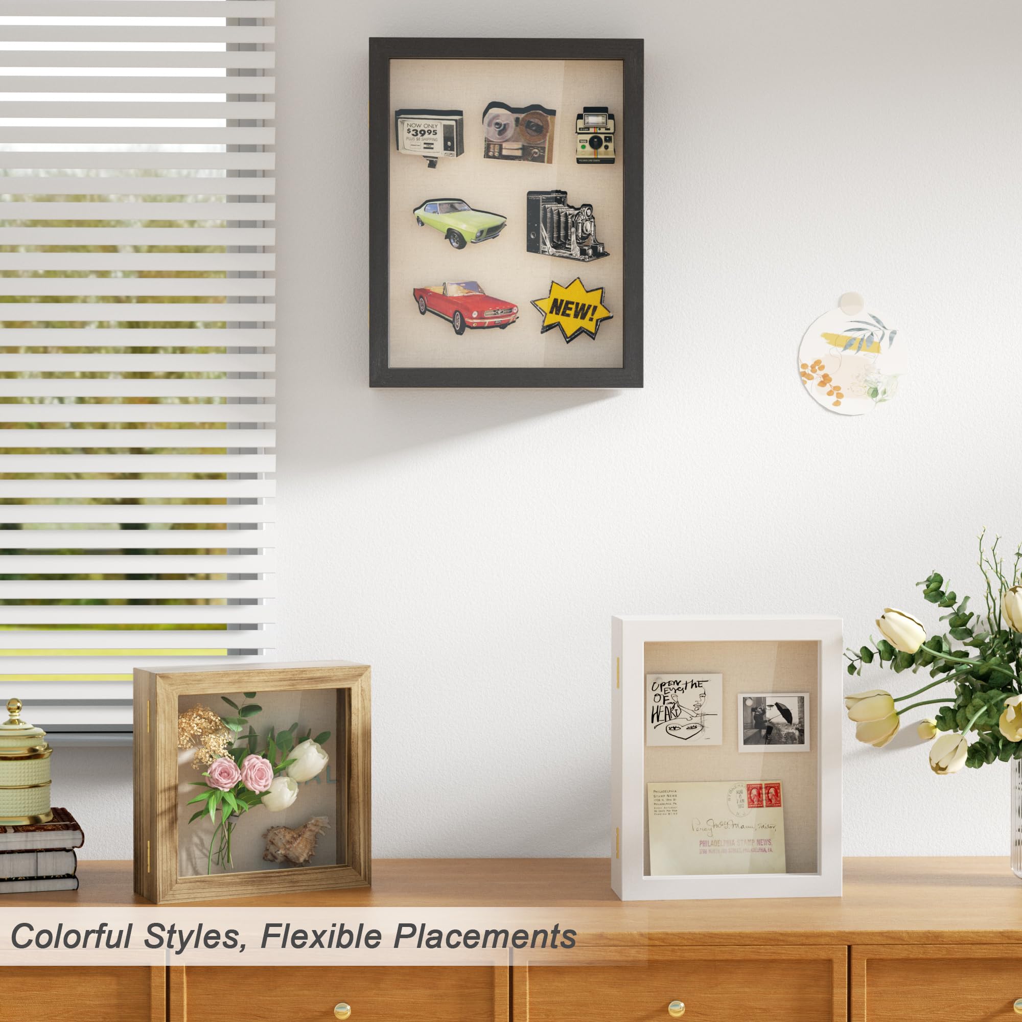 Love-KANKEI 8x8 Inch Wooden Shadow Box Frame with Glass Window - Display Case for Memorabilia, Awards, Medals & Photos - Perfect for Home Decor, Office Display & Gift Giving (Black)