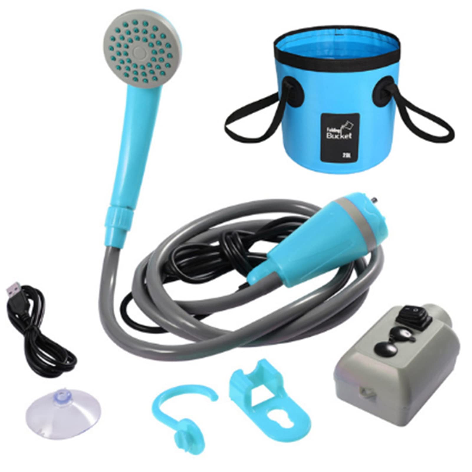Portable Camp Shower with Collapsible Bucket - Rechargeable Electric Outdoor Shower Pump for Camping, Hiking, Travel - Perfect for Beach, RV, and Backyard Use (Blue)
