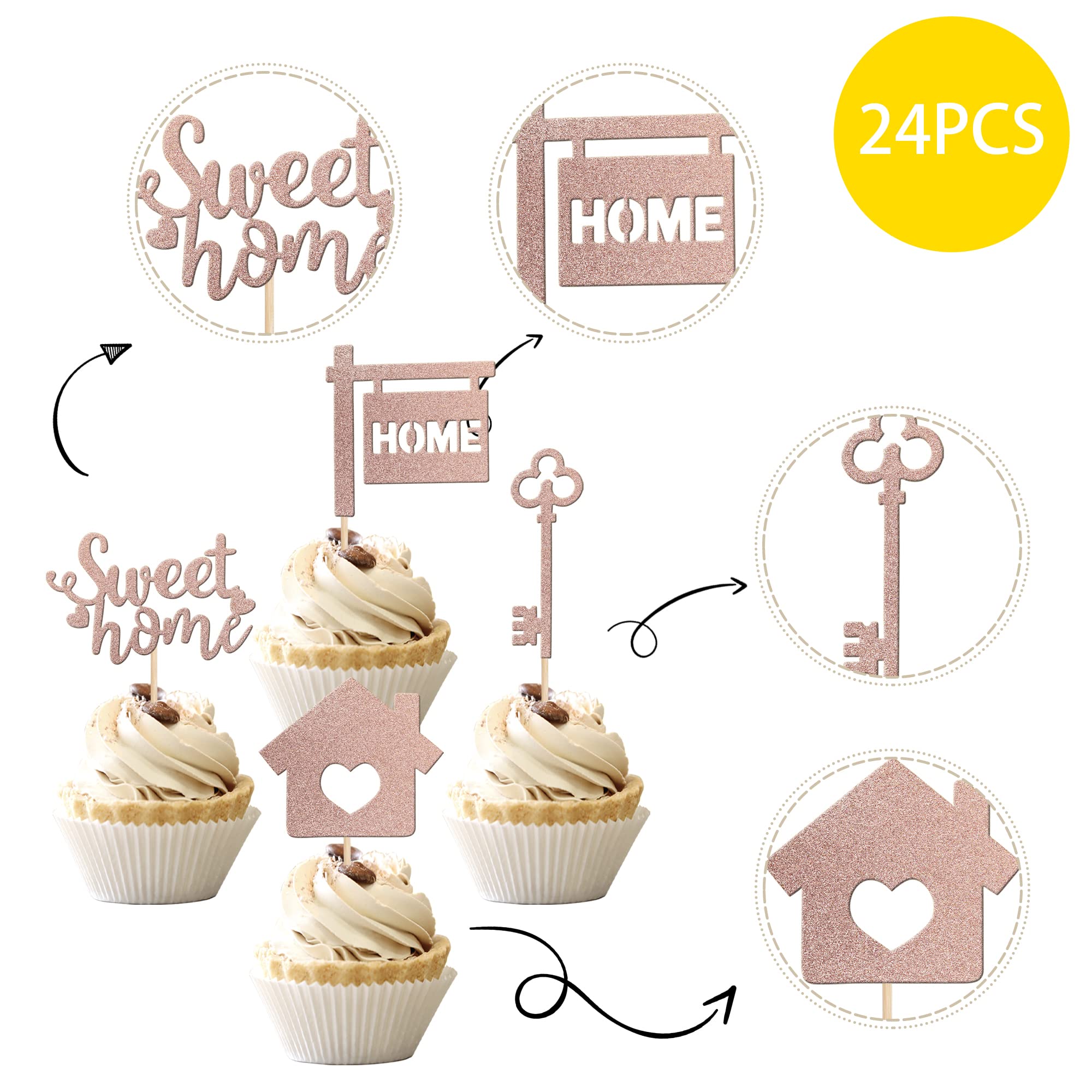 36 PCS Rose Gold Glitter Housewarming Cupcake Toppers - Sweet Home Theme Cake Decorations for New Home Party, Bridal Shower, Birthday & Baby Shower