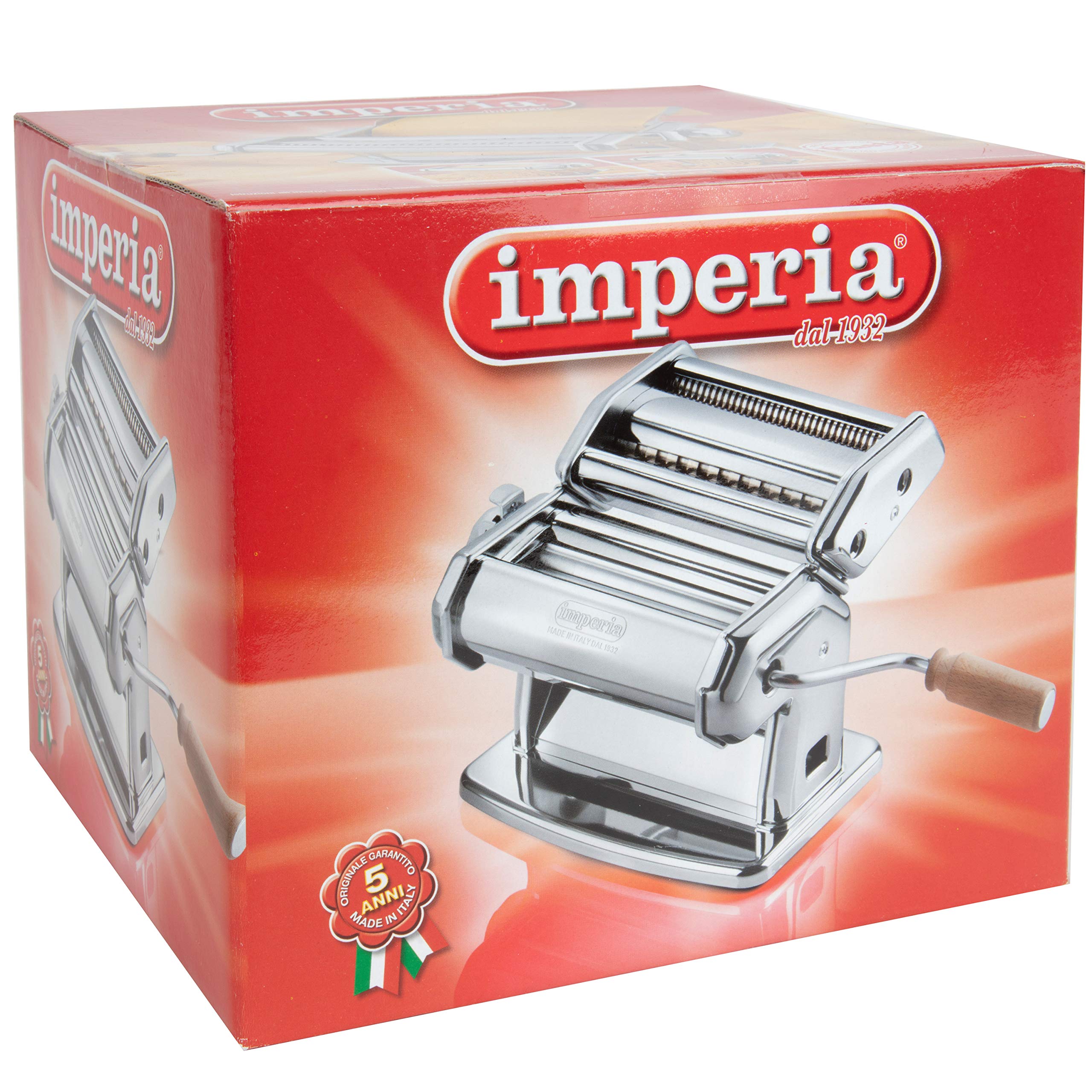 Premium Imperia Pasta Maker Machine - Authentic Italian Made Stainless Steel Pasta Machine with Easy Lock Dial & Wooden Handle for Homemade Pasta, Ravioli, Fettuccine - Perfect for Italian Cuisine, Holiday Cooking, Dinner Parties & Family Gatherings