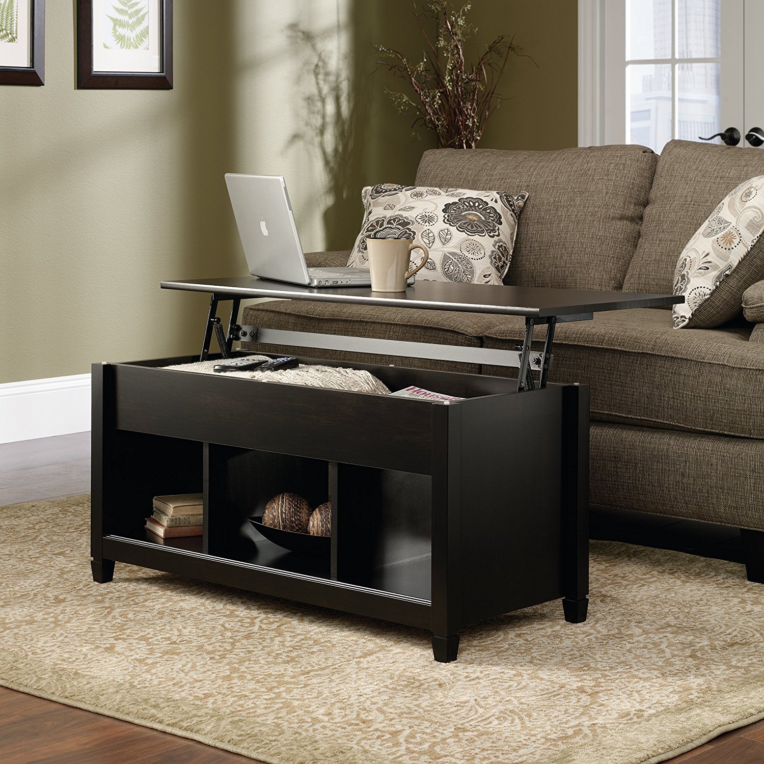 Modern Lift Top Coffee Table with Hidden Storage - Solid Wood Lift-Top Design for Living Room, Home Office & Dining - Black Lift-Top Table with Compartment for Remote, Books & Essentials
