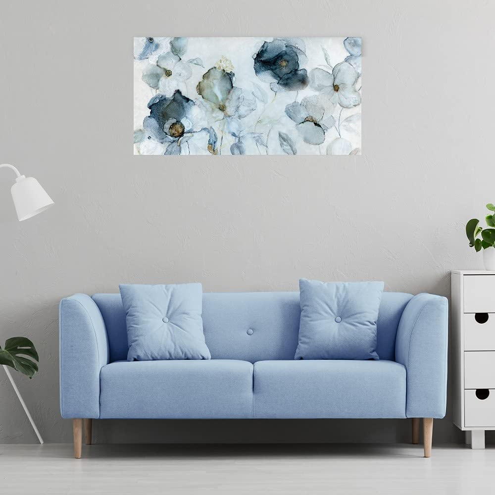 Hand-Painted Floral Indigo Canvas Wall Art by Carol Robinson - 56x29 Inches - Ready to Hang for Living Room, Bedroom, Office Decor - Perfect for Home & Commercial Spaces