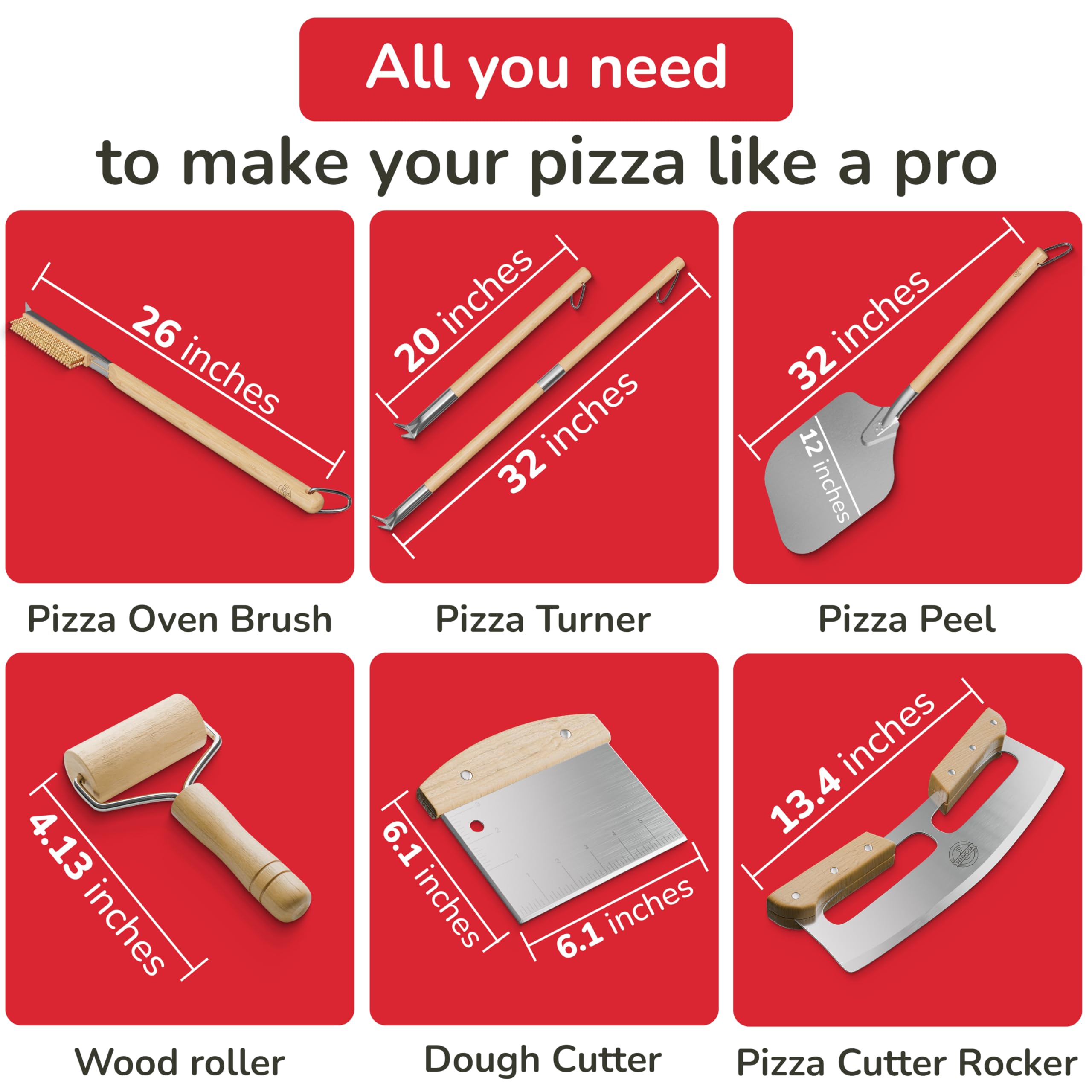 Premium Pizza Oven Accessories Kit - 6-Piece Set for Home Pizza Making | Includes Pizza Peel, Oven Brush, Bubble Popper Turner, Rocker Cutter, Dough Roller & Scraper | Perfect for Outdoor Pizza Parties, Backyard Cooking & Italian Cuisine Enthusiasts