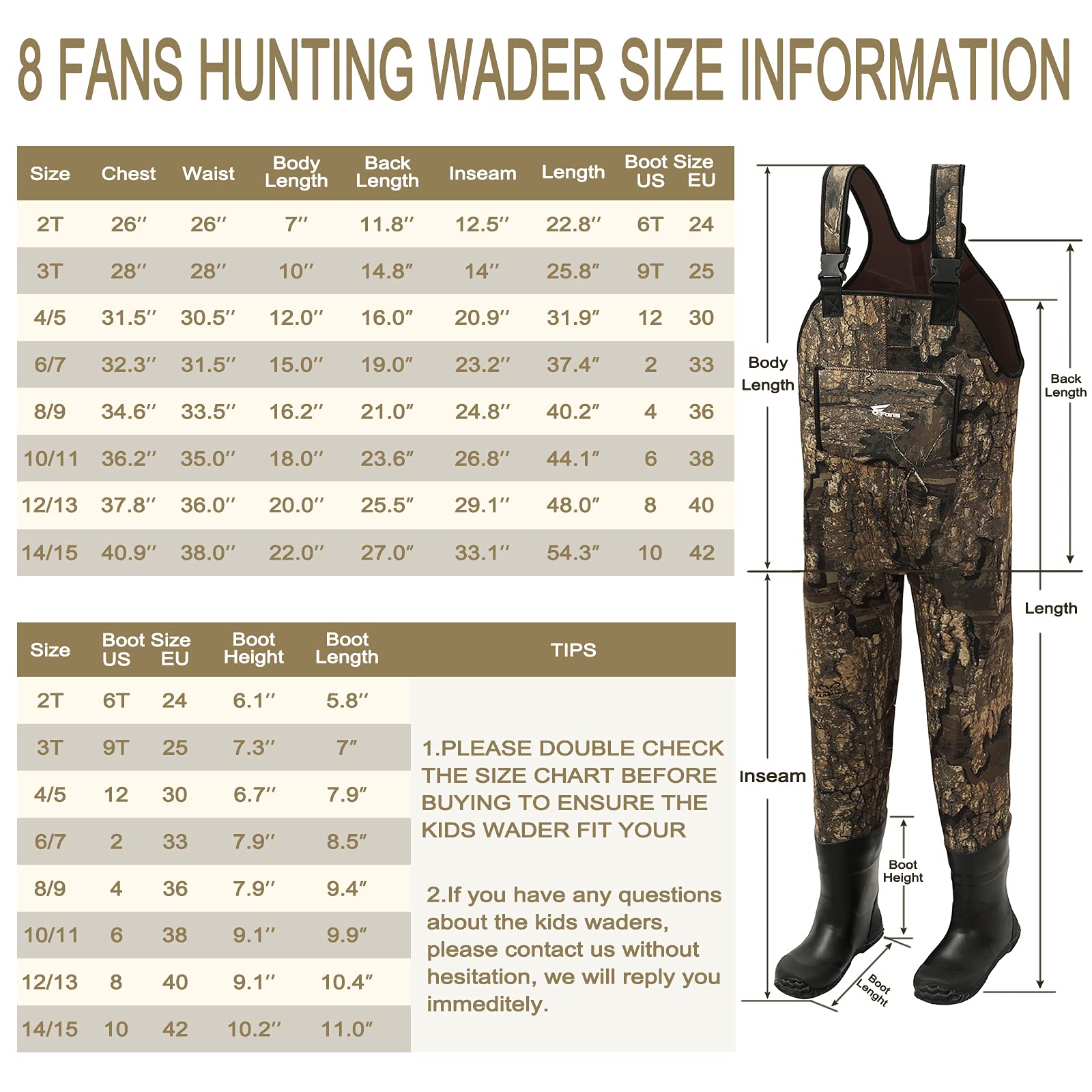 8 Fans Kids Chest Waders with Boots - Neoprene Waterproof Youth Waders for Toddlers, Insulated Hunting & Fishing Waders - Perfect for Outdoor Adventures, Stream Fishing & Duck Hunting