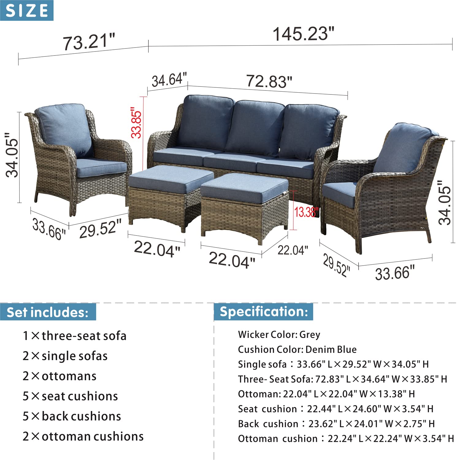 5-Piece All-Weather Wicker Patio Furniture Set - Outdoor Conversation Sofa with 2 Chairs & 2 Ottomans - Grey Wicker & Denim Blue - Perfect for Garden, Backyard, Deck & Poolside Relaxation