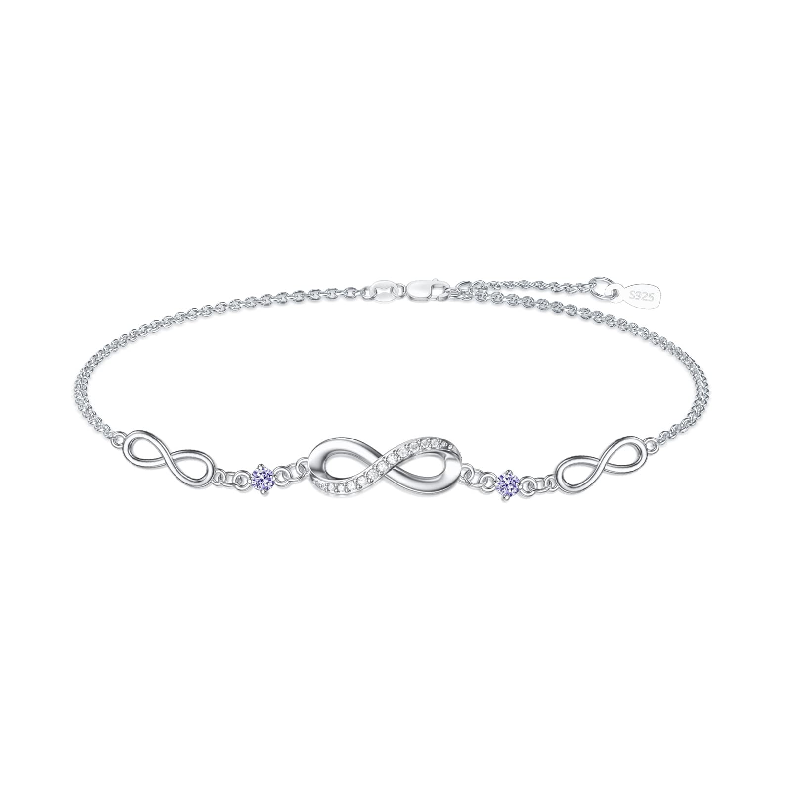 Infinity Bracelet for Women - 925 Sterling Silver Adjustable Birthstone Charm Link Bracelet - Christmas, Birthday, Anniversary Gift for Wife, Mom, Her - Perfect for Everyday Wear & Special Occasions