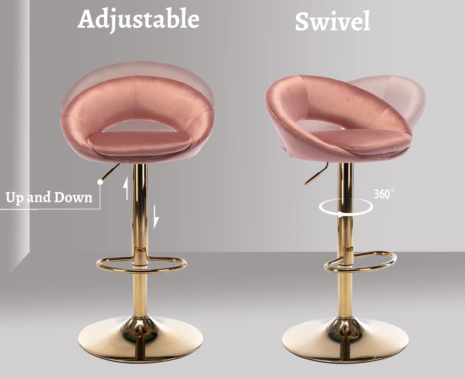 EALSON Modern Swivel Bar Stools Set of 2 - Adjustable Height Low Back Kitchen Island Stools with Gold Base & Velvet Upholstery, Pink - Perfect for Breakfast Bars, Home Bars, and Kitchen Counter Seating