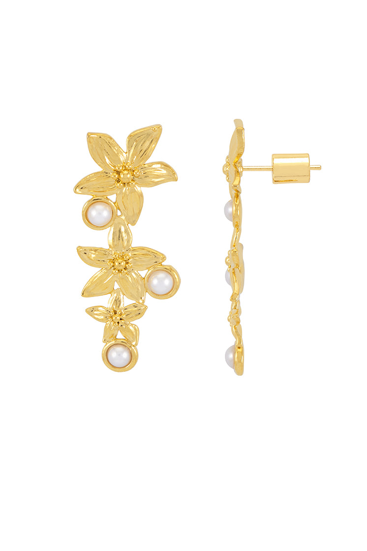 Exquisite Triple Flower Pearl Drop Earrings for Women - Elegant Dangle Jewelry for Weddings, Parties & Special Occasions