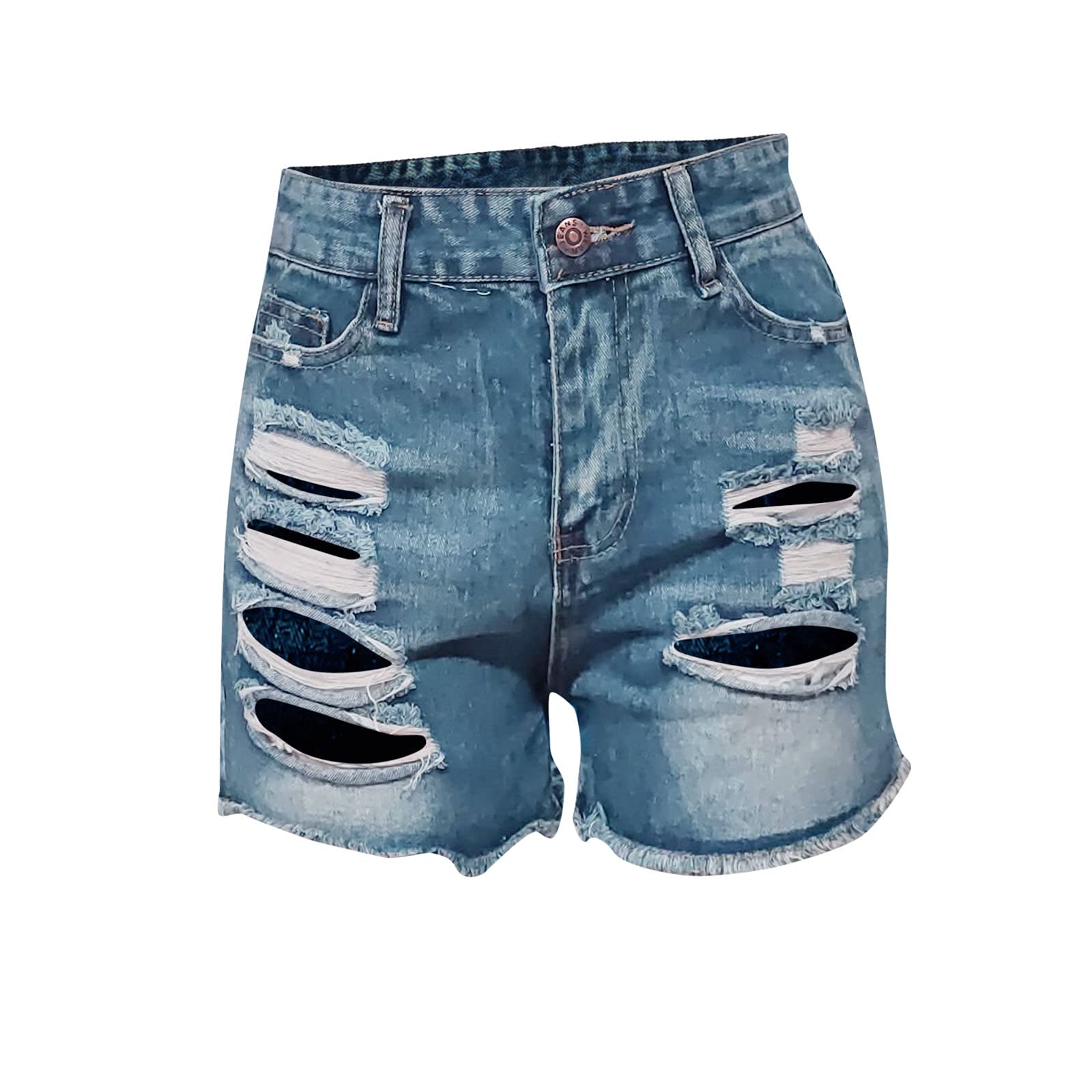 Women's High Waisted Slim Fit Ripped Denim Shorts - Distressed Frayed Hem Jean Shorts in Blue & White | Casual Summer Outfits, Beach Wear & Yoga Comfort
