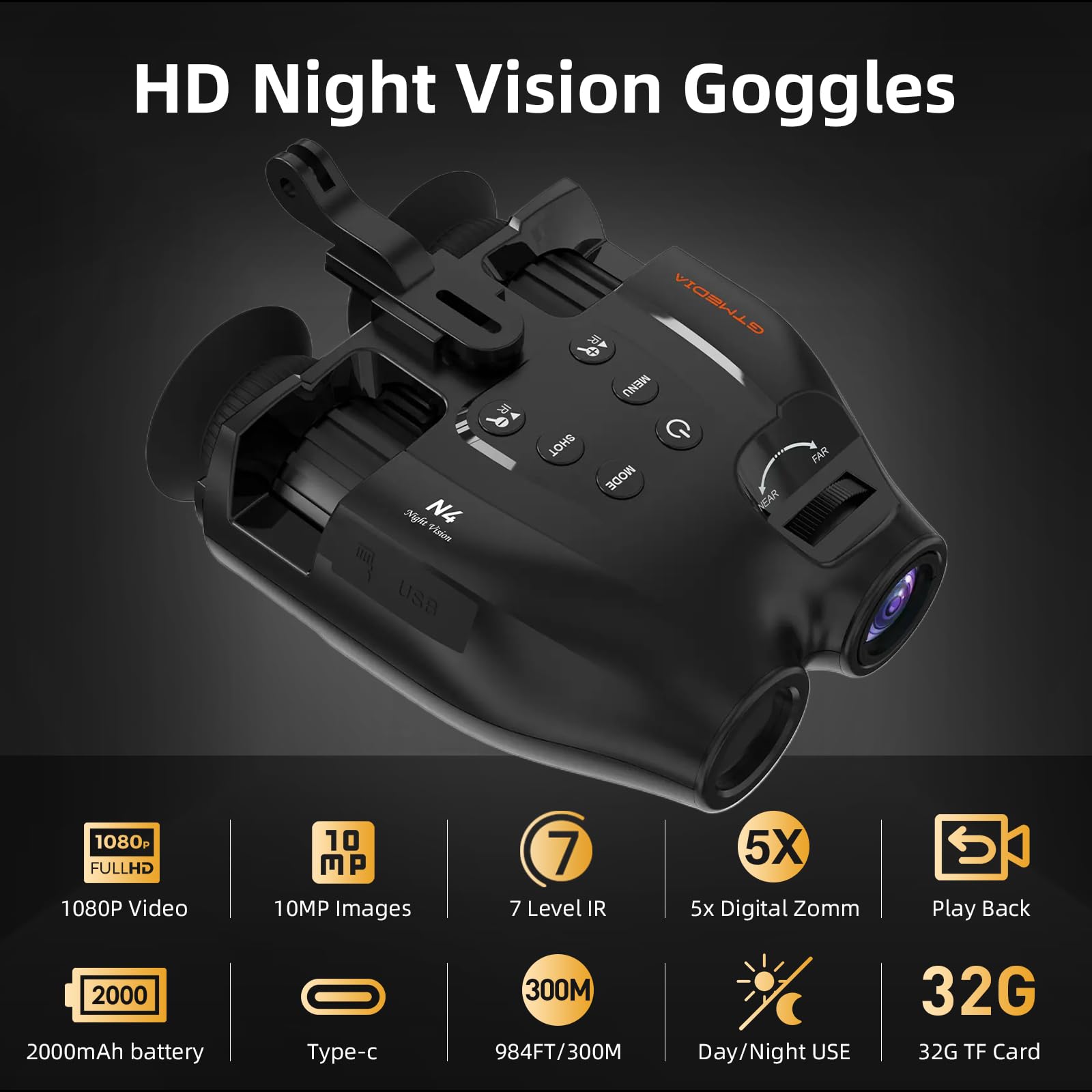 HD Night Vision Binoculars with Infrared & 32GB Storage - Head Mounted Hunting Goggles for Outdoor Adventures, Wildlife Observation, and Nighttime Security Surveillance