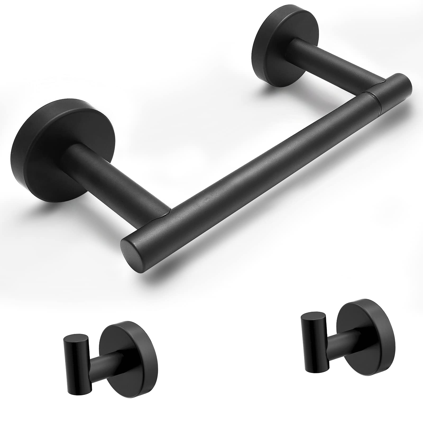 2-Pack Matte Black Stainless Steel Toilet Paper Holder & Towel Hook Set - Wall Mounted Bathroom Accessories for Restroom, Vanity & Powder Room Organization