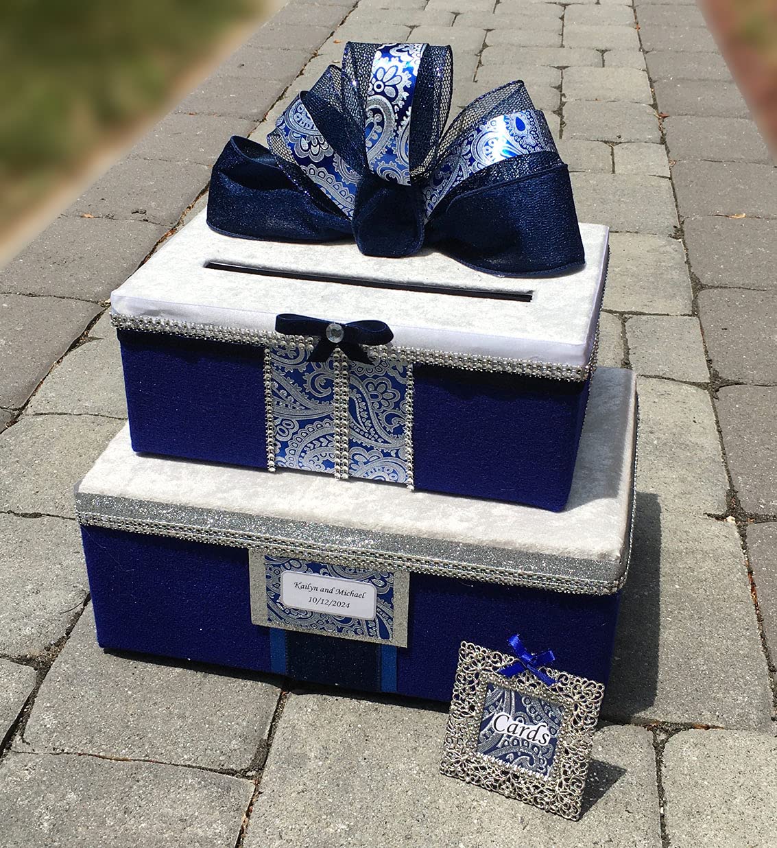 Royal Blue & Silver Wedding Card Box with Slot - 2-Tier Fabric Gift Holder for 80 Cards | Personalized Bridal Shower, Anniversary & Reception Decor