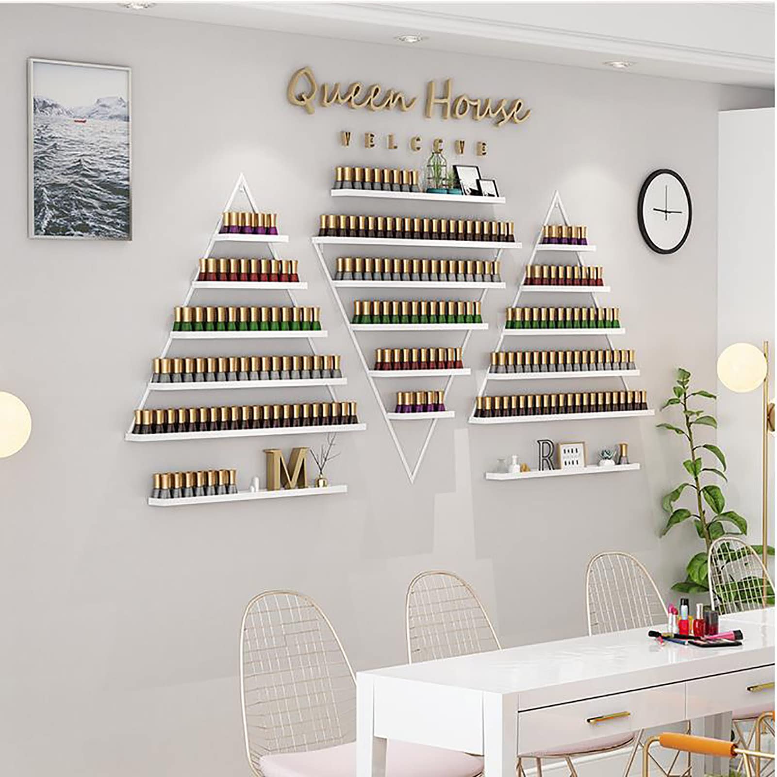 Wall Mounted Metal Nail Polish Display Rack - Triangle Nail Polish Bottle Storage Holder - Essential Oil & Perfume Organizer with LED Lights - Perfect for Salon, Spa, Home & Retail Store Organization