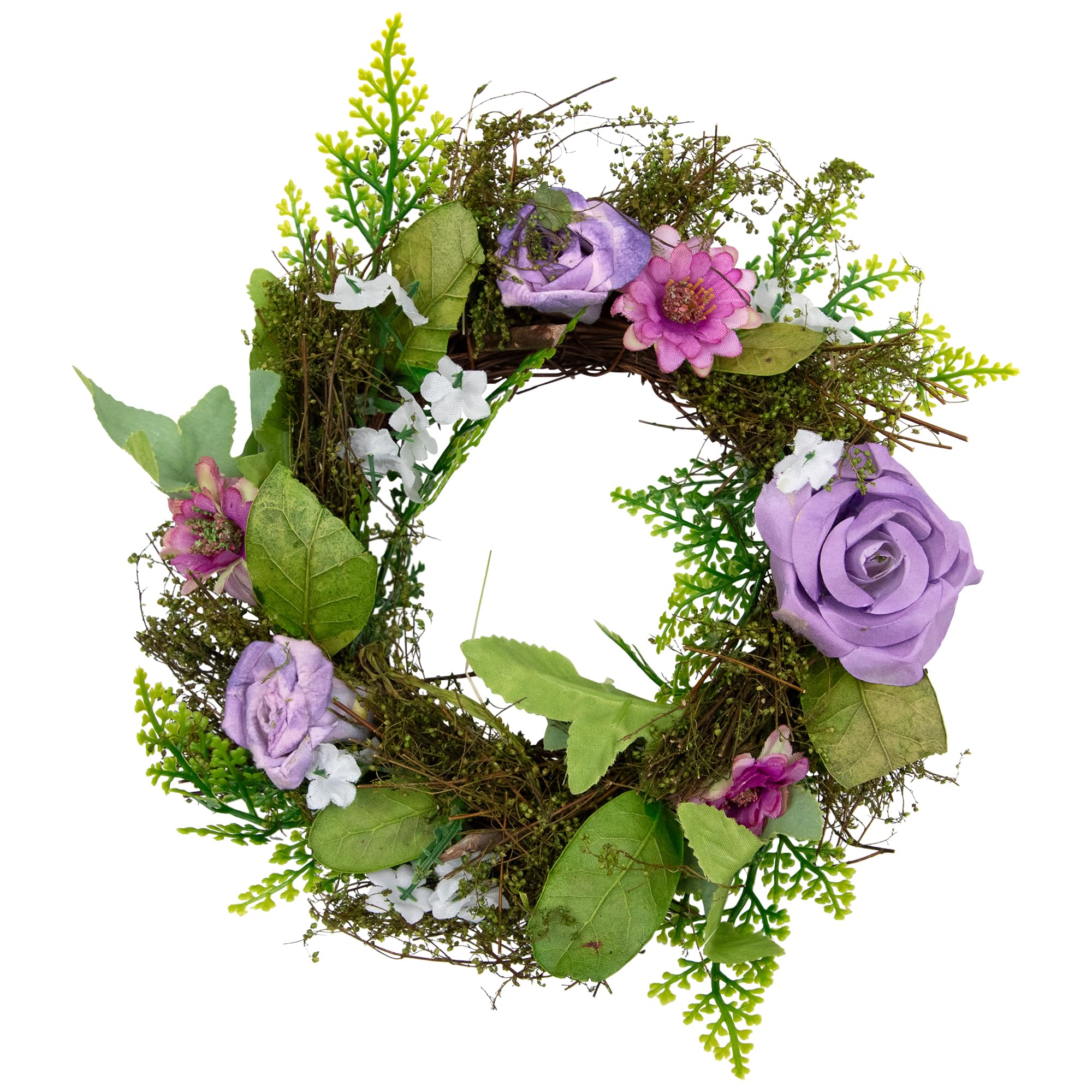 Northlight Mini Rose and Foliage Spring Wreath - 8 Inch Pink and Purple Floral Door Hanging for Easter, Mother's Day & Home Decor