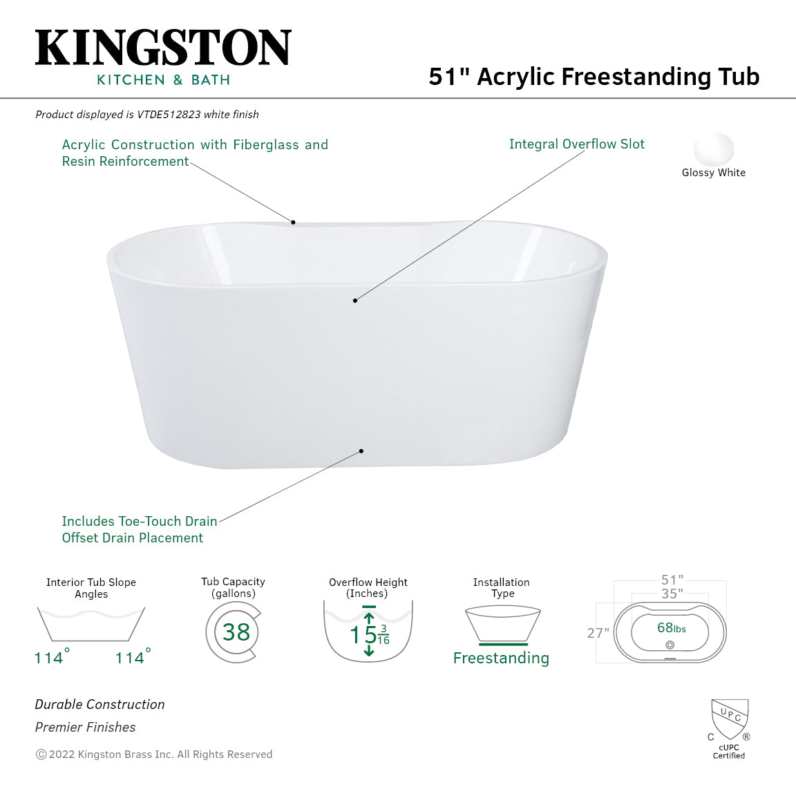 Aqua Eden 51 Inch Acrylic Oval Freestanding Bathtub - Glossy White Double-Ended Soaking Tub with Drain | Perfect for Luxury Bathrooms & Spa Retreats