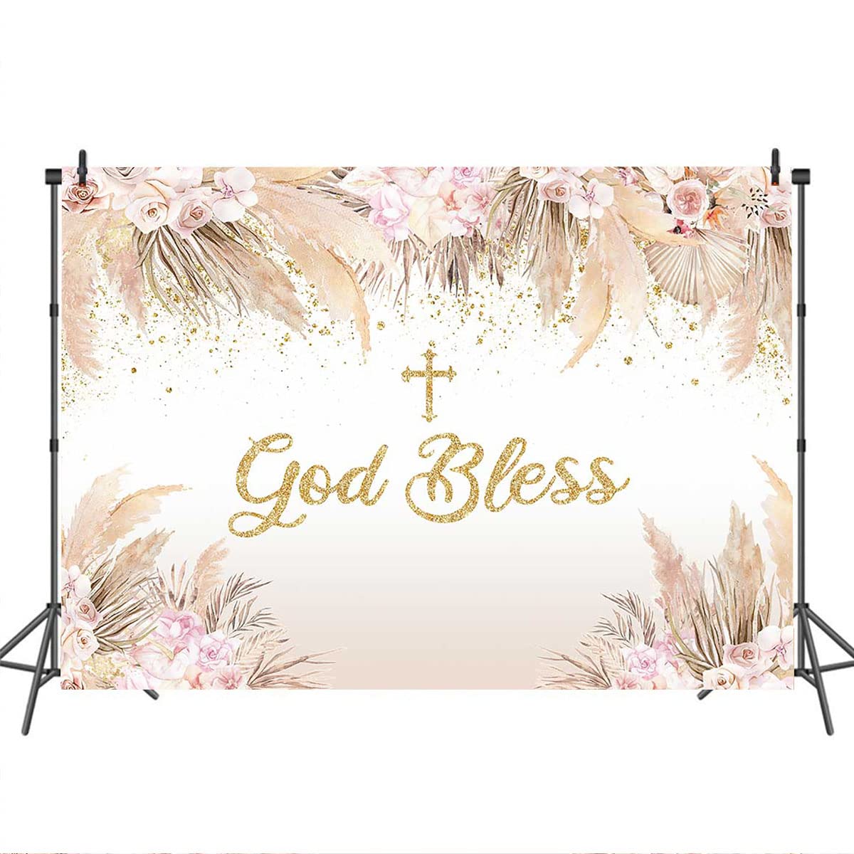 God Bless Backdrop for Girls First Communion, Baptism, Christening Party Decor – Vinyl Boho Chic Pink Flowers Photography Background (7x5ft) | Perfect for Newborn Baby Showers, Photo Booths & Religious Celebrations