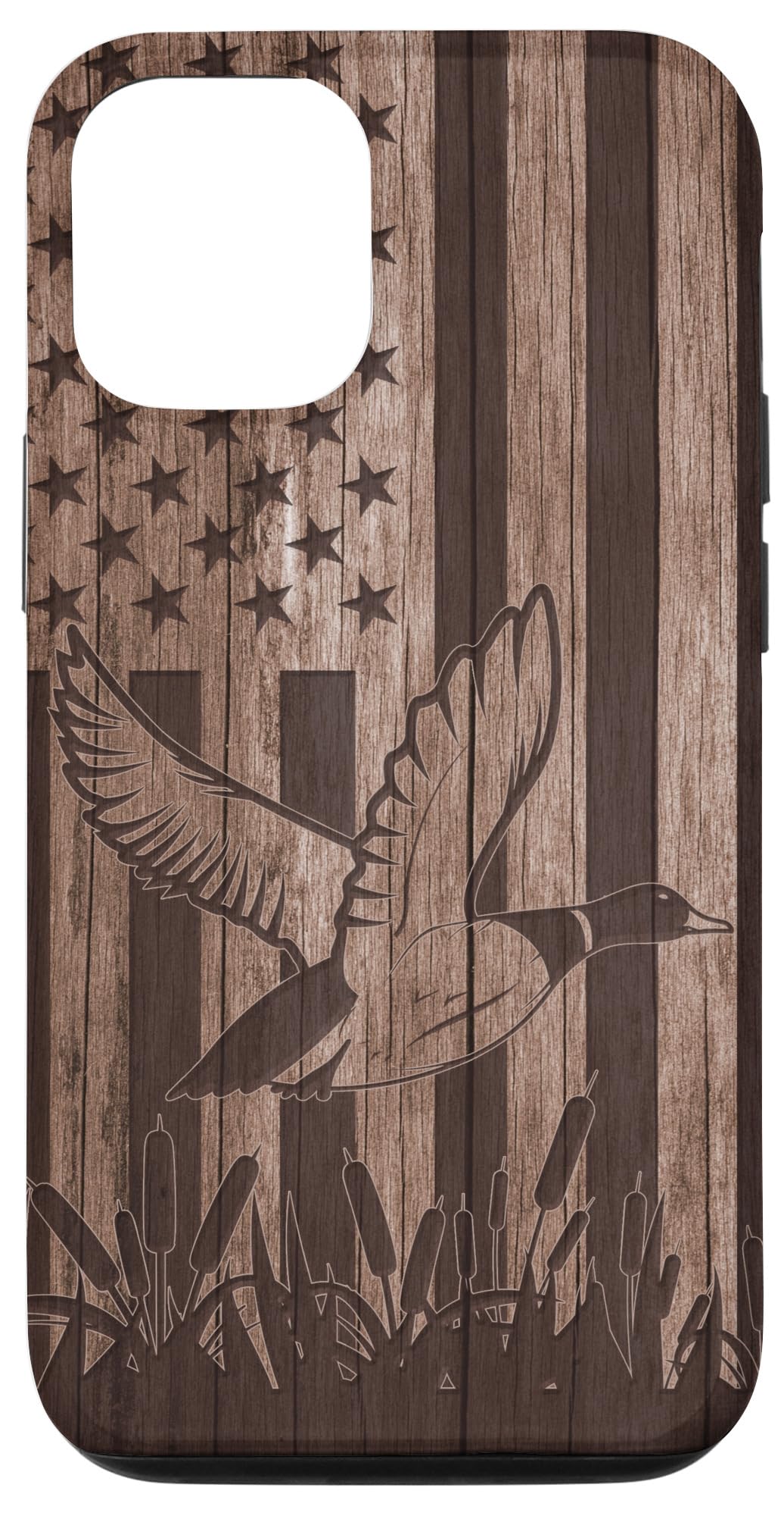Patriotic iPhone 12/12 Pro Case - Wooden Duck Hunting Design with American Flag - Perfect Gift for Hunters & Outdoor Enthusiasts | Ideal for Hunting Trips, Outdoor Adventures & Patriotic Events