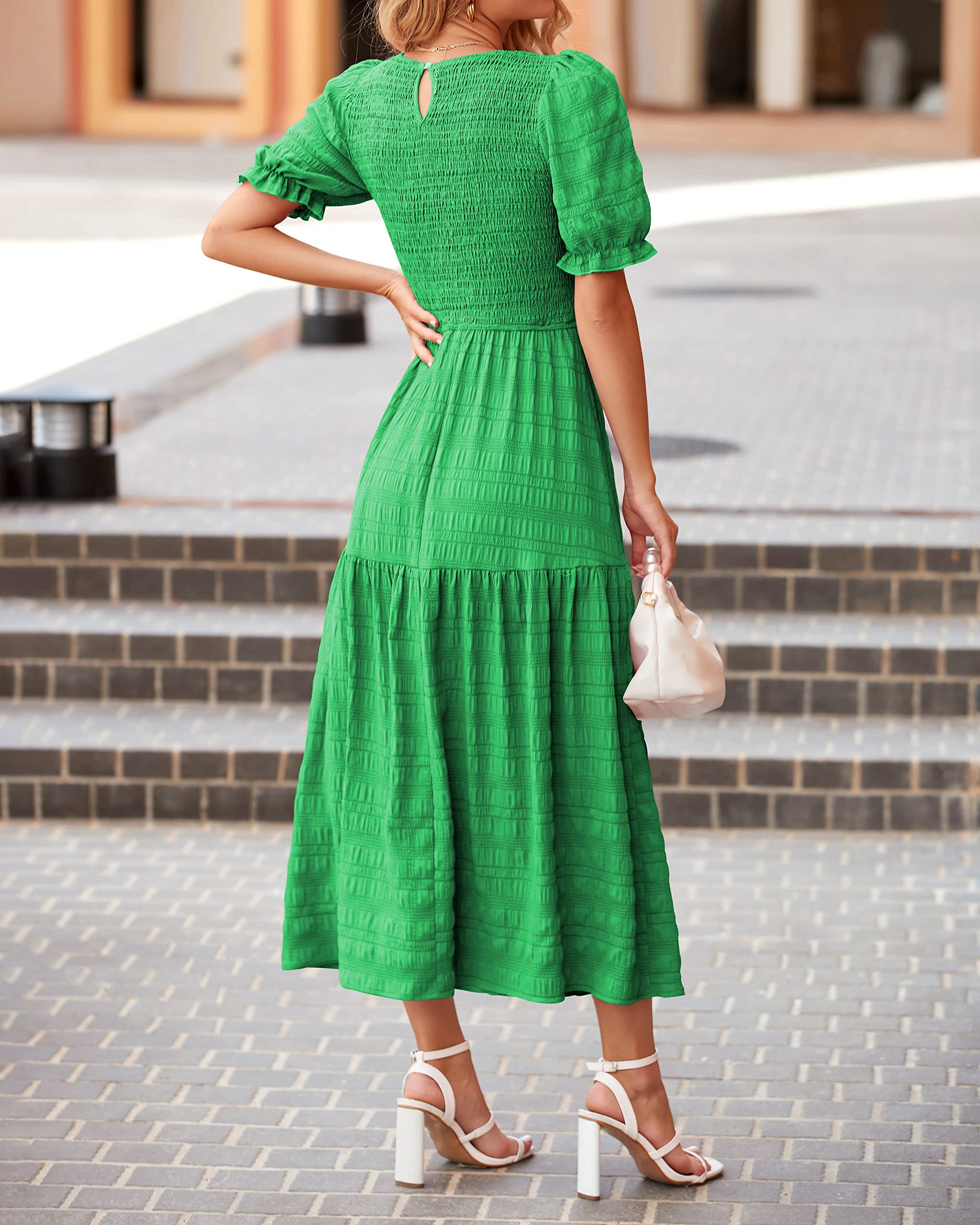 Dowerme Women's Summer Dresses 2025 - Casual Puff Short Sleeve Crewneck Smocked Flowy Ruffle Boho Maxi Sundress for Beach, Party & Vacation | Lightweight Comfortable Dress for Women