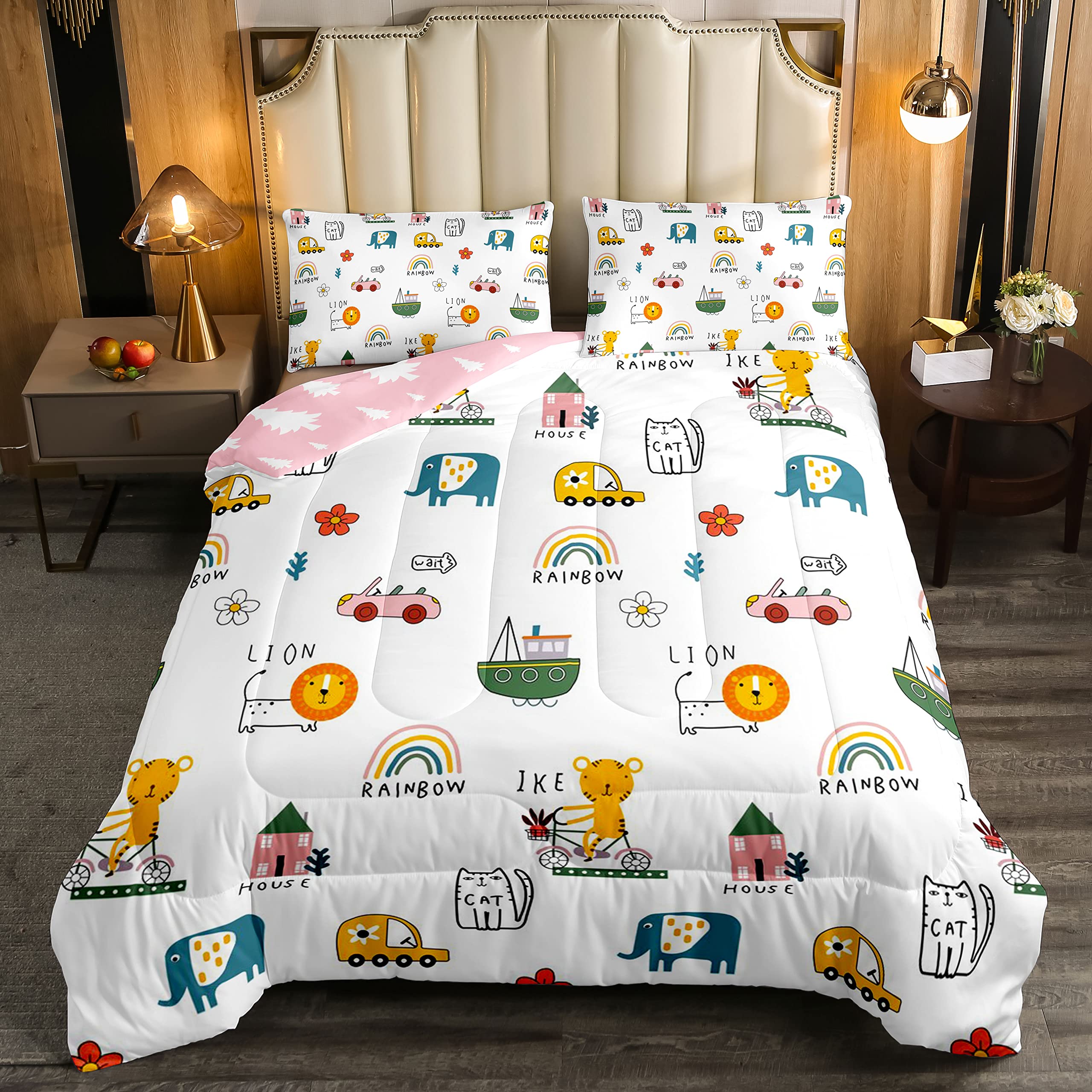 Cartoon Animal Comforter Set Full Size - Cute Zoo Themed Reversible Down Comforter for Kids, Boys & Girls | Kawaii Bedding Gift for Teens | Pink & White Floral Pine Duvet Set | Perfect for Nursery, Kids Room Decor & Birthday Gifts