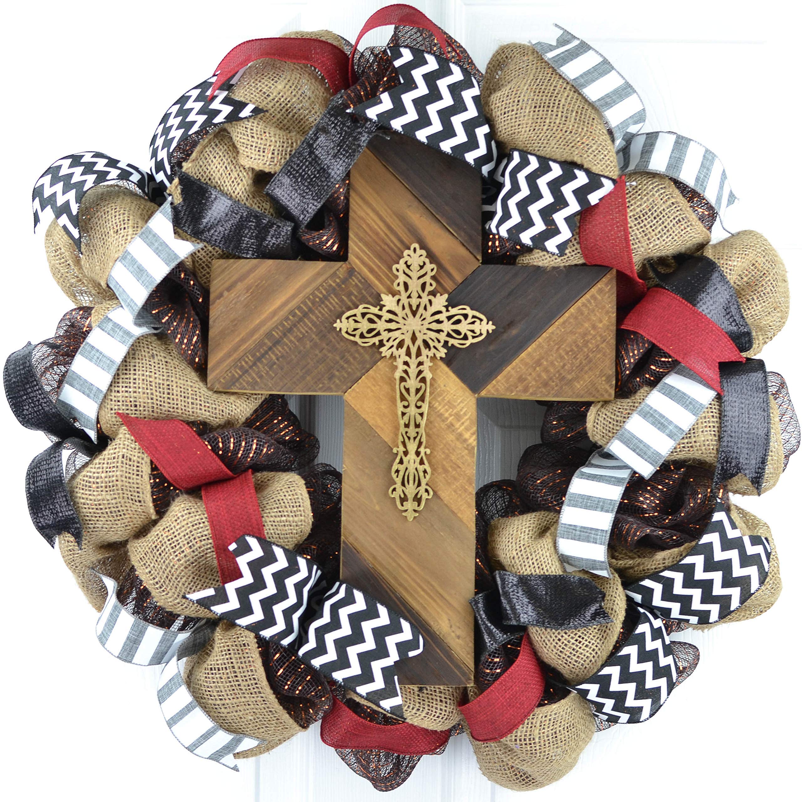 Rustic Cross Mesh Everyday Front Door Wreath - Christmas Gifts for Grandma | Black, Grey, Burgundy Colors | Perfect for Holiday Home Decor & Front Door Welcome Wreath