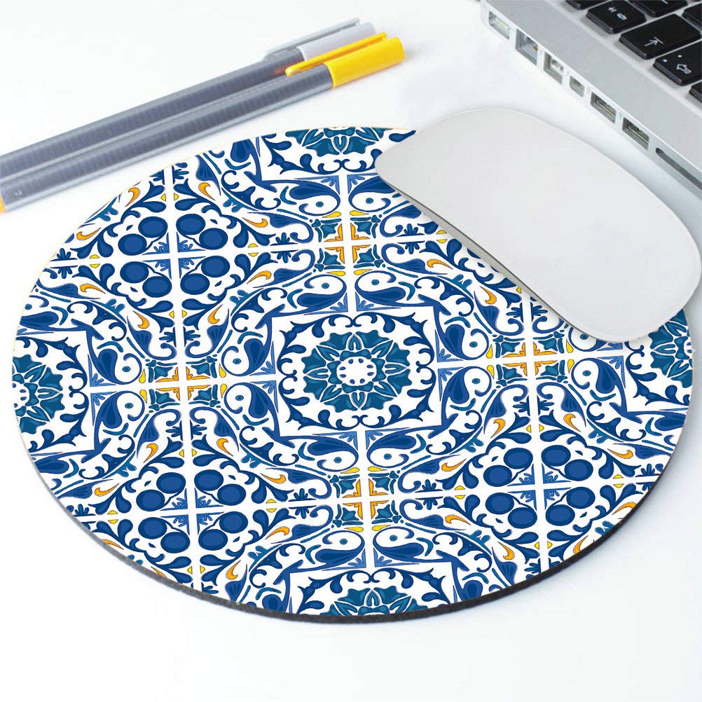 Portuguese Tile Print Mouse Pad - Moroccan & Mediterranean Design Round Mouse Mat for Office, Gaming & Home Use - Non-Slip Desk Accessory Gift for PC & Laptop Users