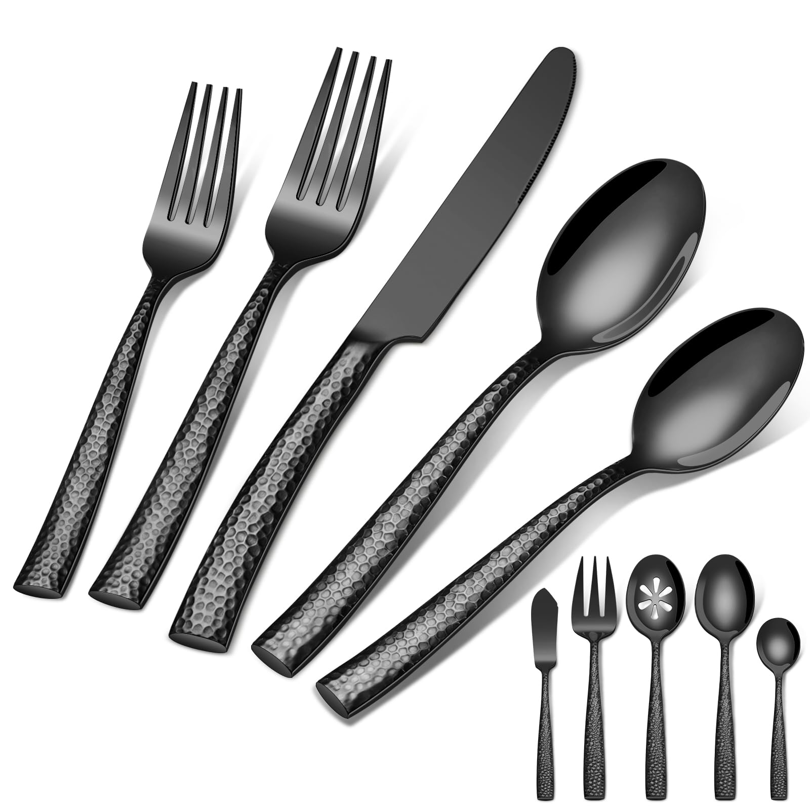 45-Piece Stainless Steel Flatware Set for 8 - Black Hammered Silverware with Knives, Forks, Spoons & Serving Utensils - Durable Dishwasher Safe Cutlery Set for Home, Restaurant & Dinner Parties - Perfect for Everyday Use, Entertaining & Special Occasions