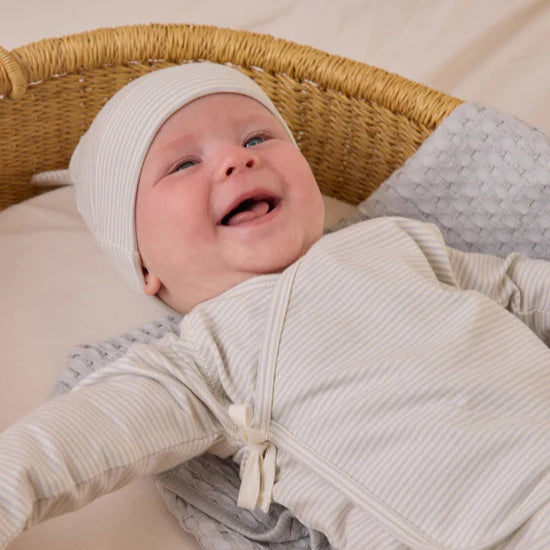 Knotted Baby Hat - Sky Blue Micro Stripe Cotton Beanie for Newborns & Infants - Perfect for Outdoor Photos, Newborn Gifts & Winter Warmth